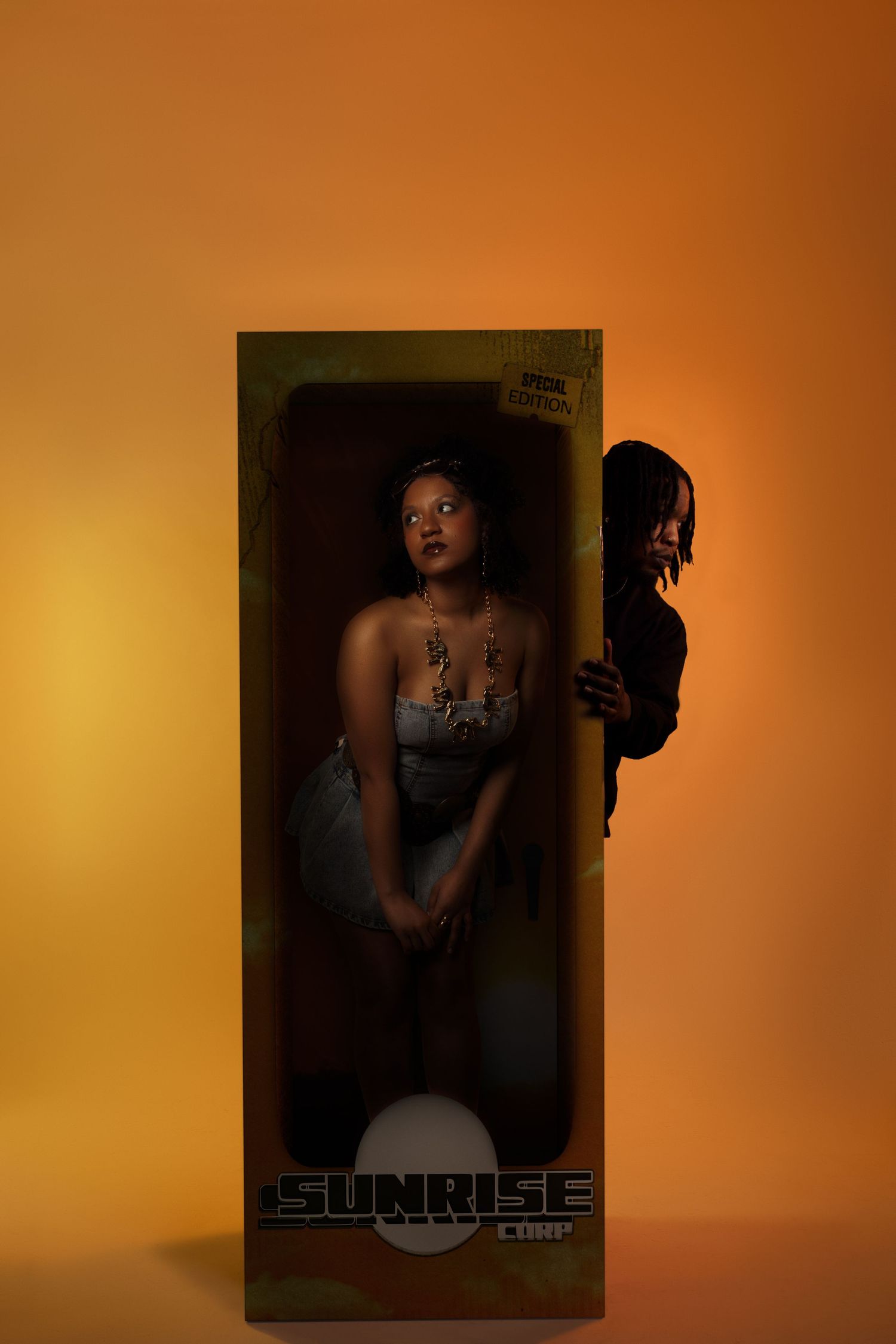 Moody orange-tinted photo sequence showing silhouettes and shadows in a dark artistic composition.