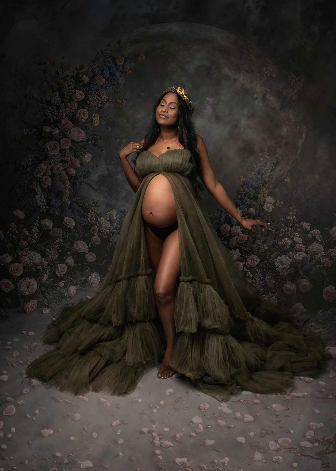 luxury pregnancy photo Peterborough ethereal green gown mist fantasy backdrop