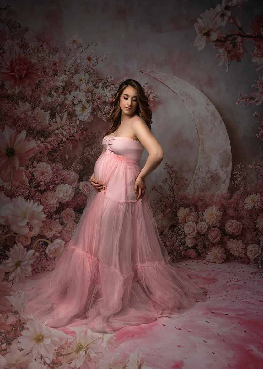 dreamy maternity portrait Boston pink floral dress moon background soft tones