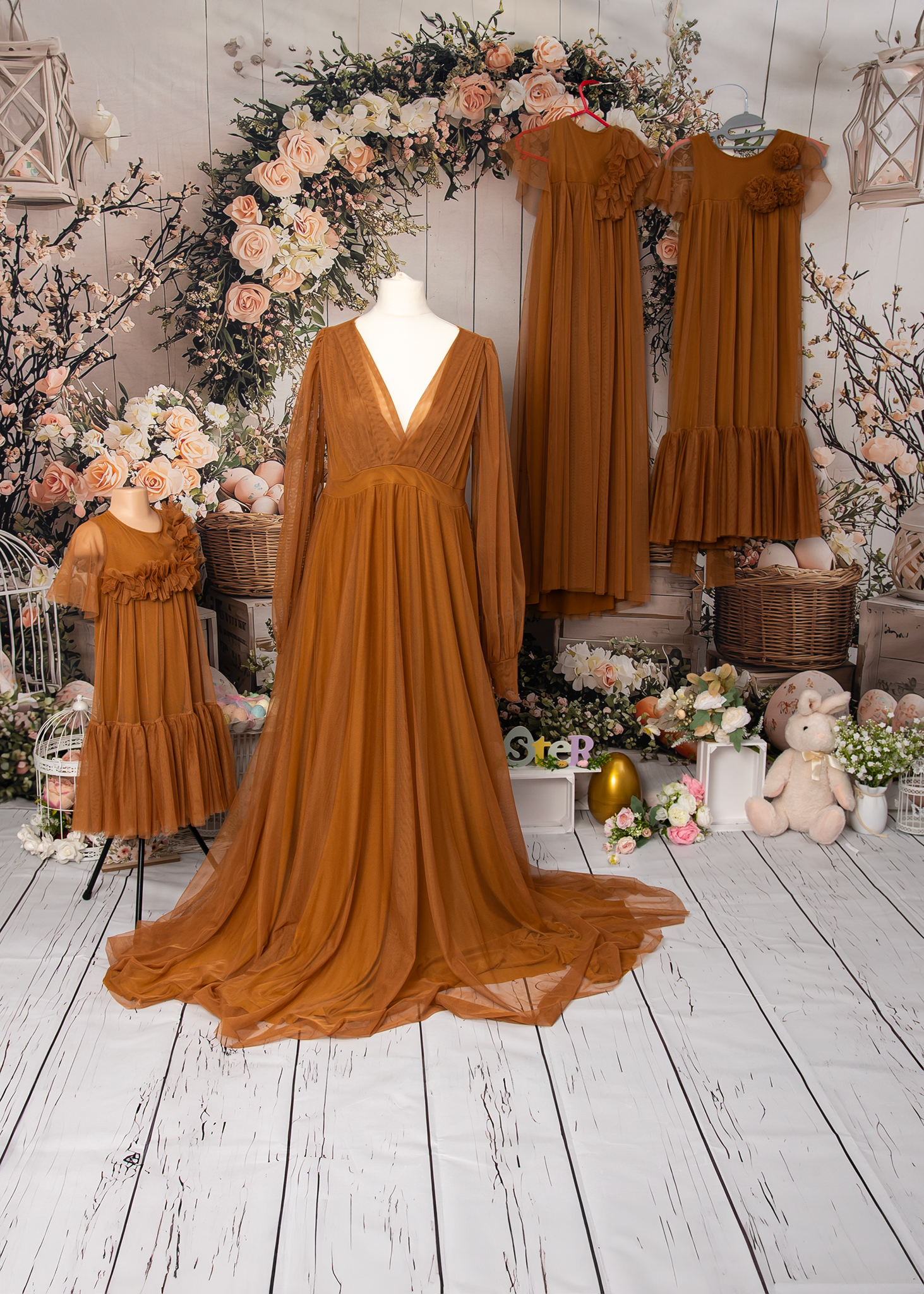 Easter Mini Sessions in Spalding Lincolnshire – elegant cream and blush floral Easter backdrop with studio dresses for women and girls