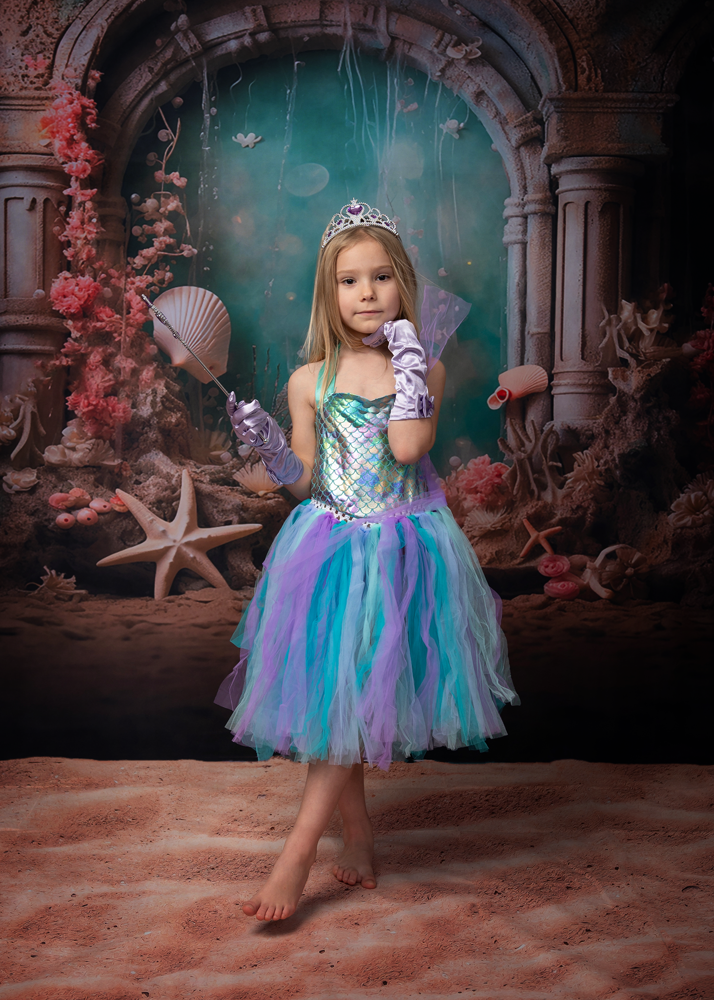 little mermaid princess photoshoot girl standing in underwater set Spalding