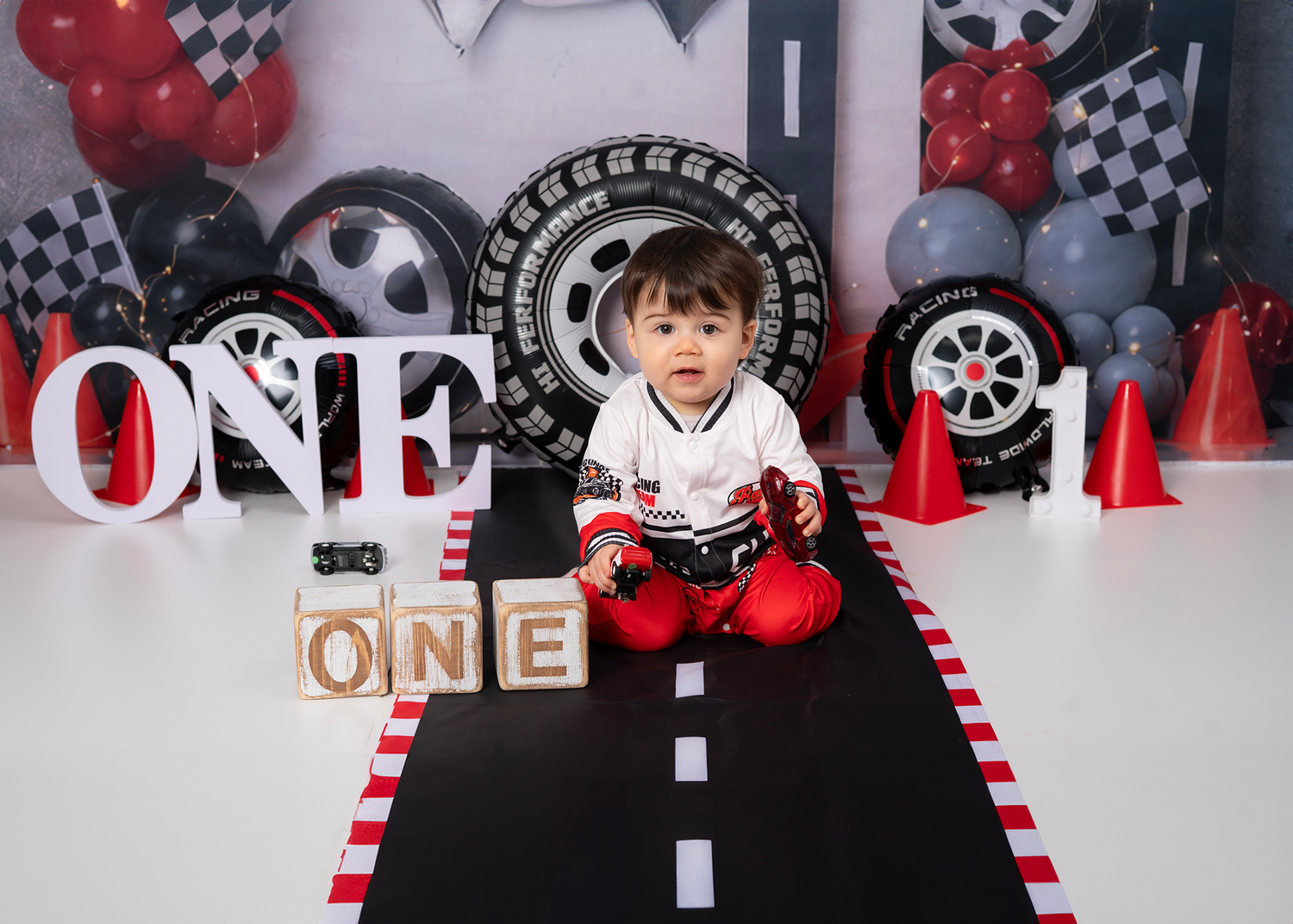 First birthday cake smash car racer photoshoot in Spalding close to Peterborough