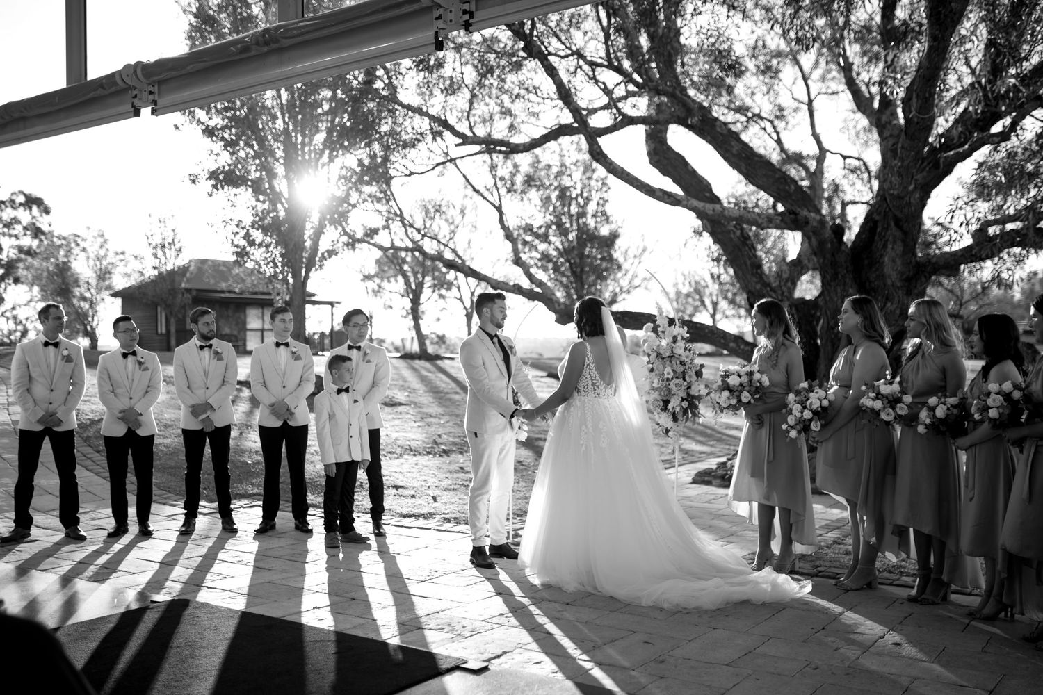 Wedding party lineup in silhouette against a bright sky during an outdoor celebration.