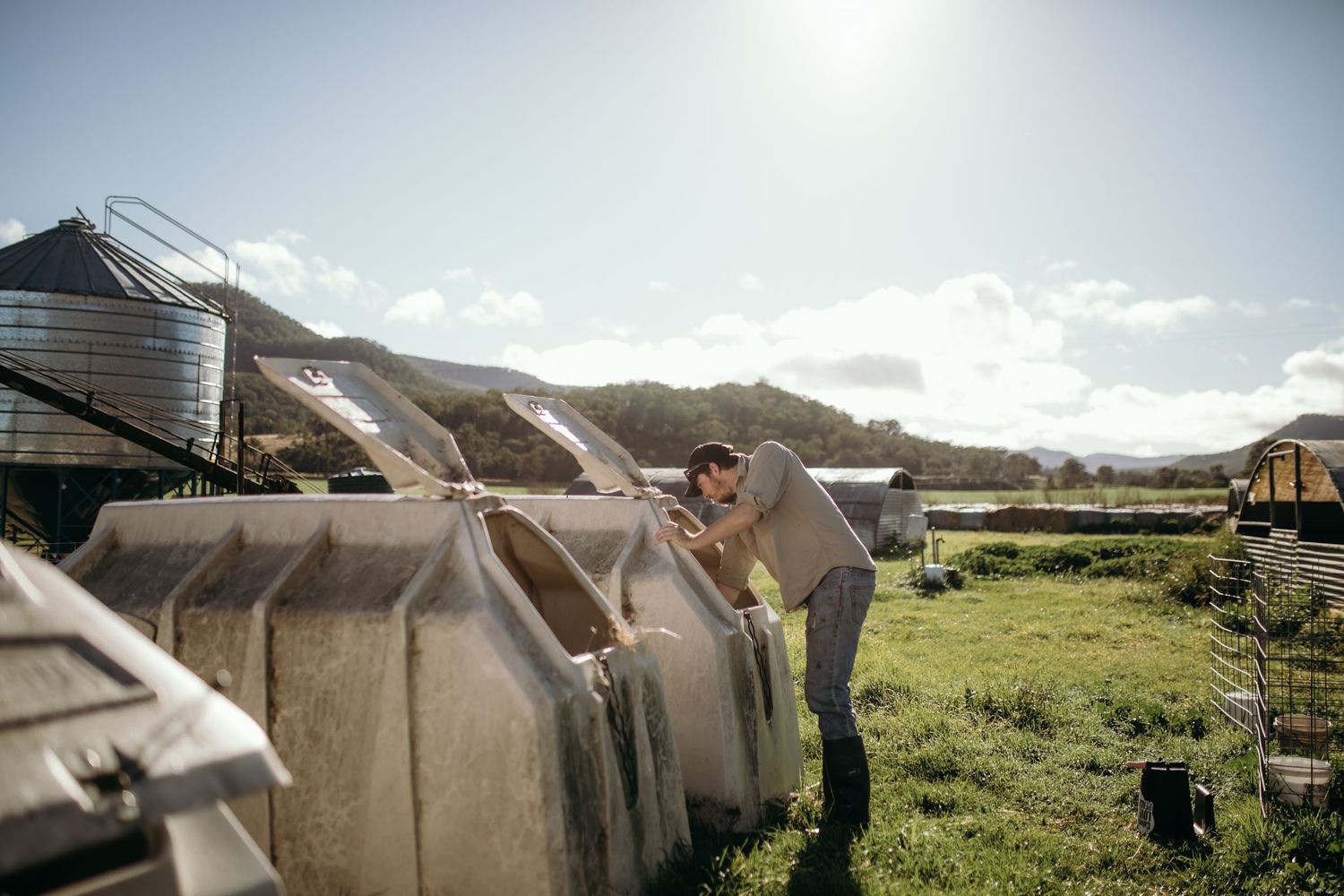 Solar panels installed on a sunny hillside with mountains in the background.