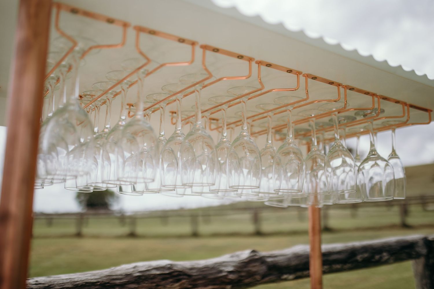 Wine glasses hanging from ceiling racks in an elegant reception setup.