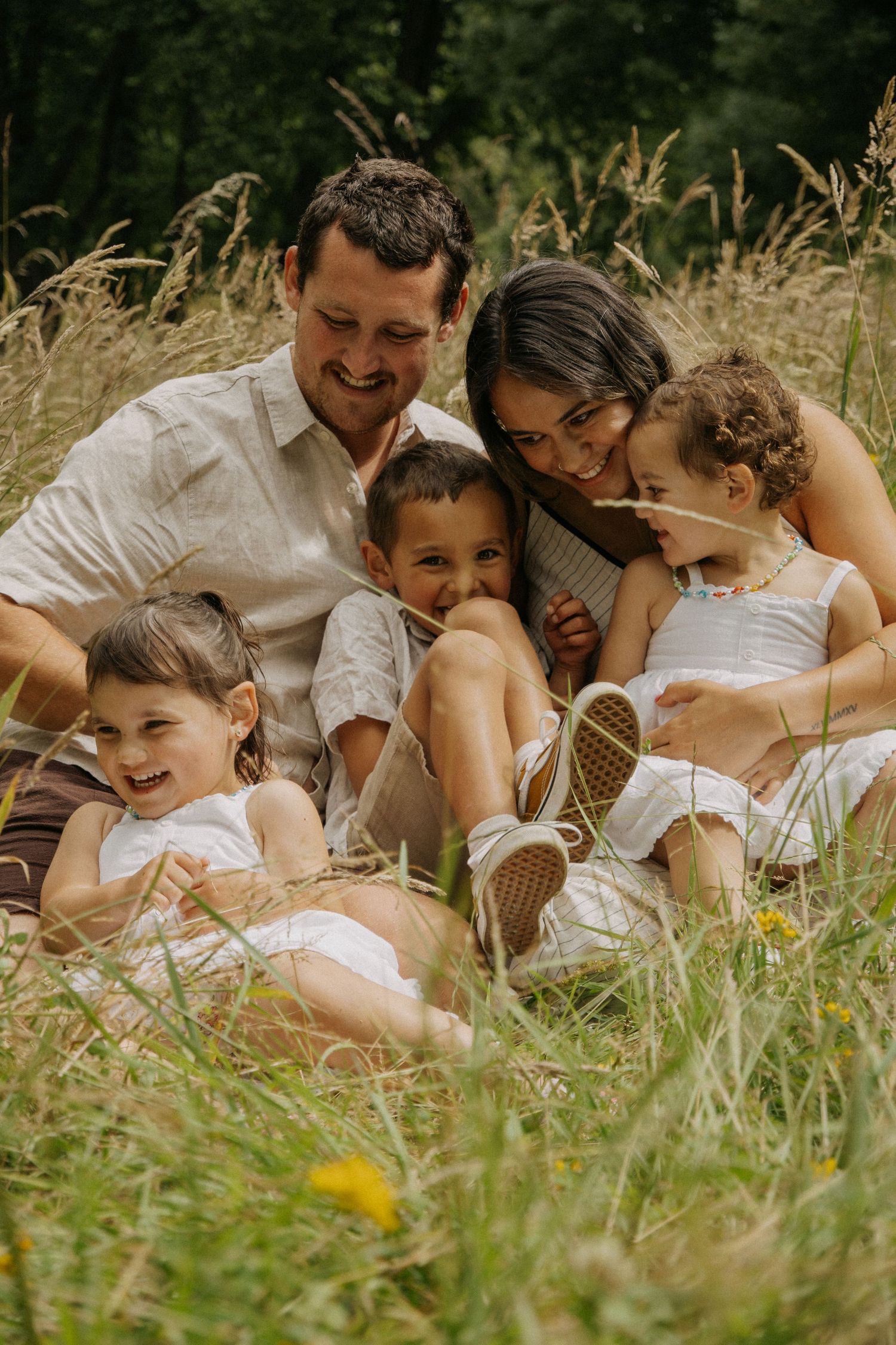 family photos in grass field.