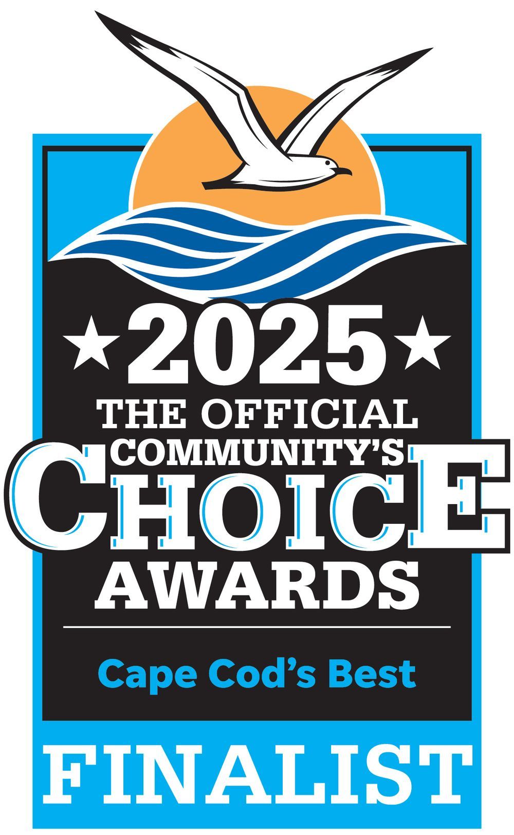 A series of blue and orange award badges showing 'Community's Choice' and 'Cape Cod's Best' finalist recognition for 2023.