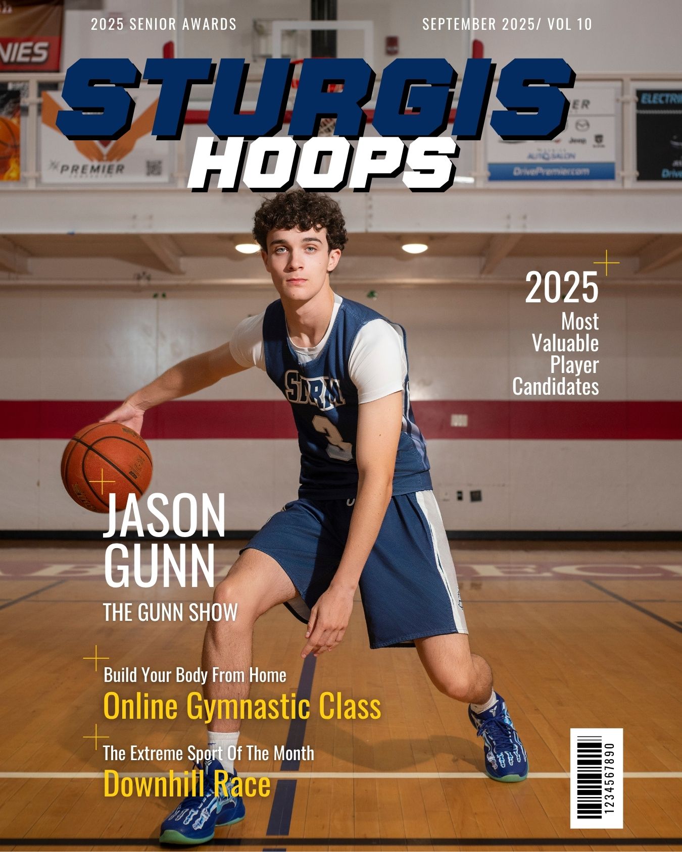 Basketball player Jason Gunn poses with a ball on a court on the cover of Sturgis Hoops 2025 Senior Awards magazine.