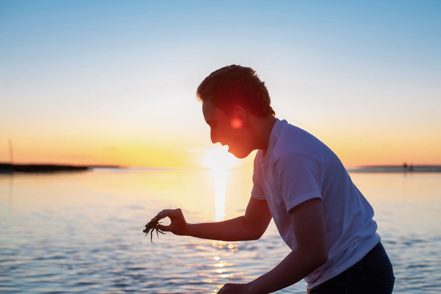 Silhouettes of people interacting at sunset by the ocean.