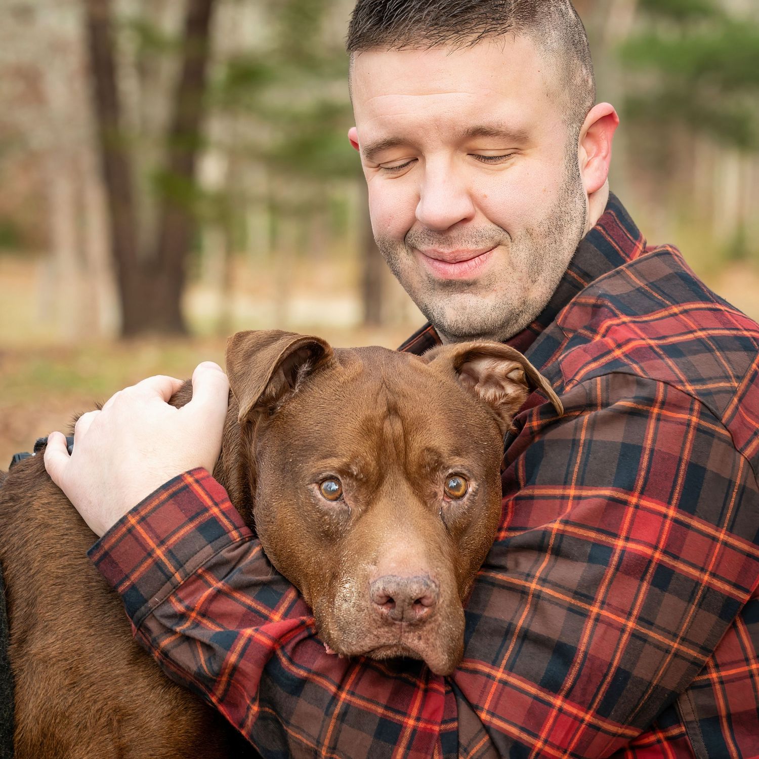 Intimate portrait of a brown pit bull type dog being embraced while wearing matching plaid.