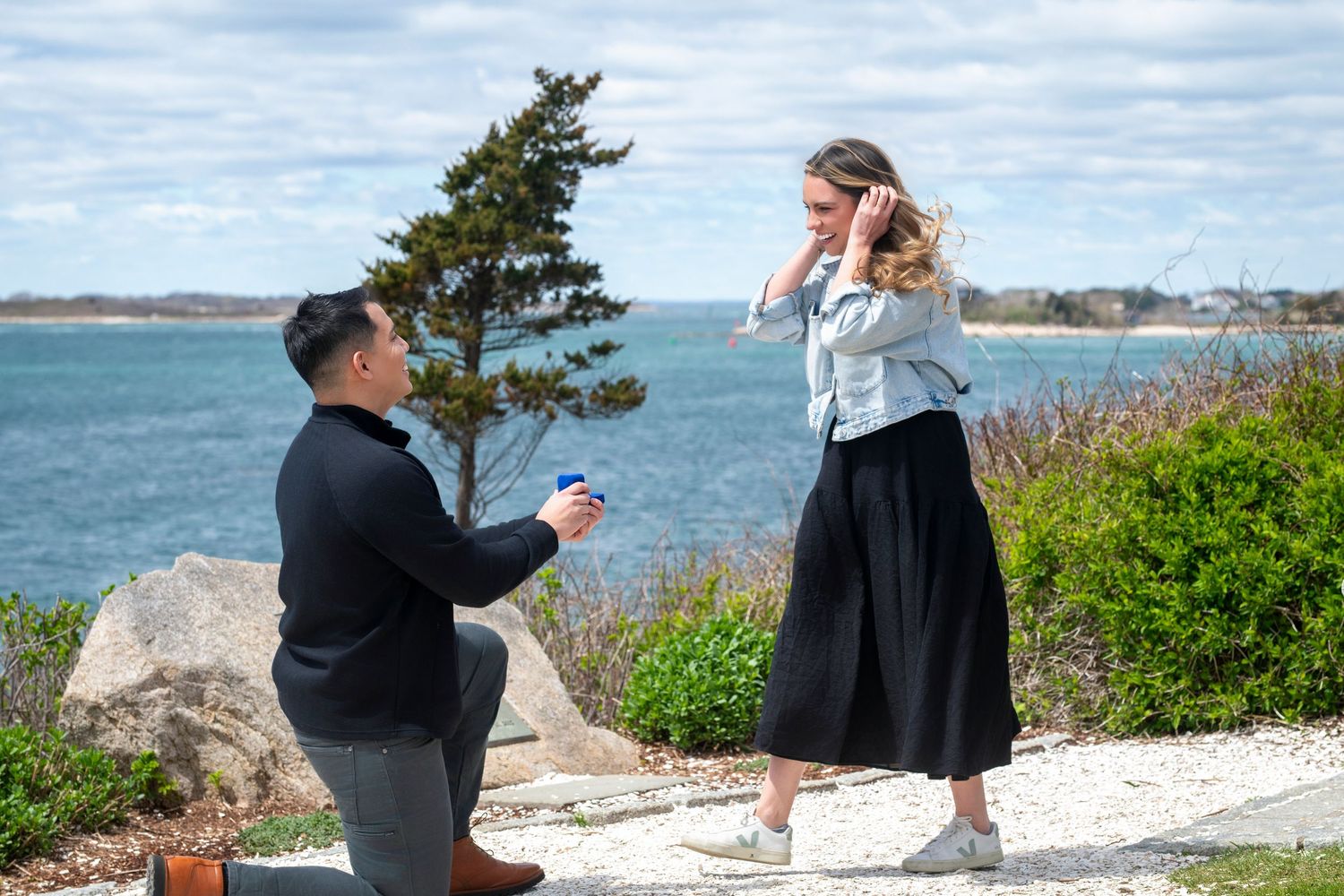 Romantic proposal scene on a scenic coastal overlook with ocean views.