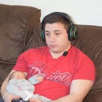 A series of five photos showing someone sitting on a couch playing video games while wearing gaming headphones.