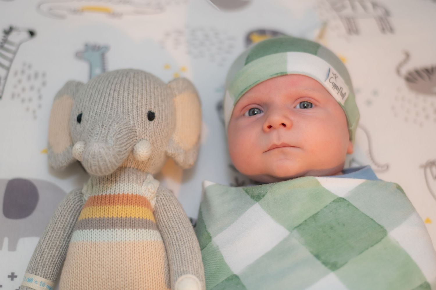 Newborn baby wearing a mint green outfit and white hat lying on patterned bedding.