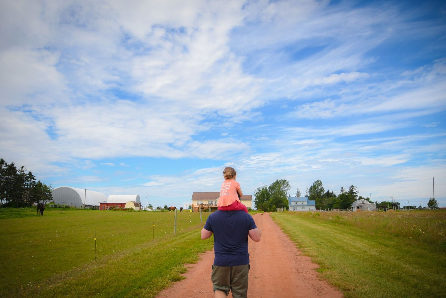 A panoramic sequence of someone walking along a brick path through a grassy field under blue skies with wispy clouds.