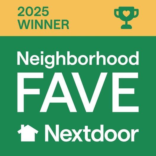 A series of green and yellow Nextdoor Neighborhood Favorite award badges arranged in a row.