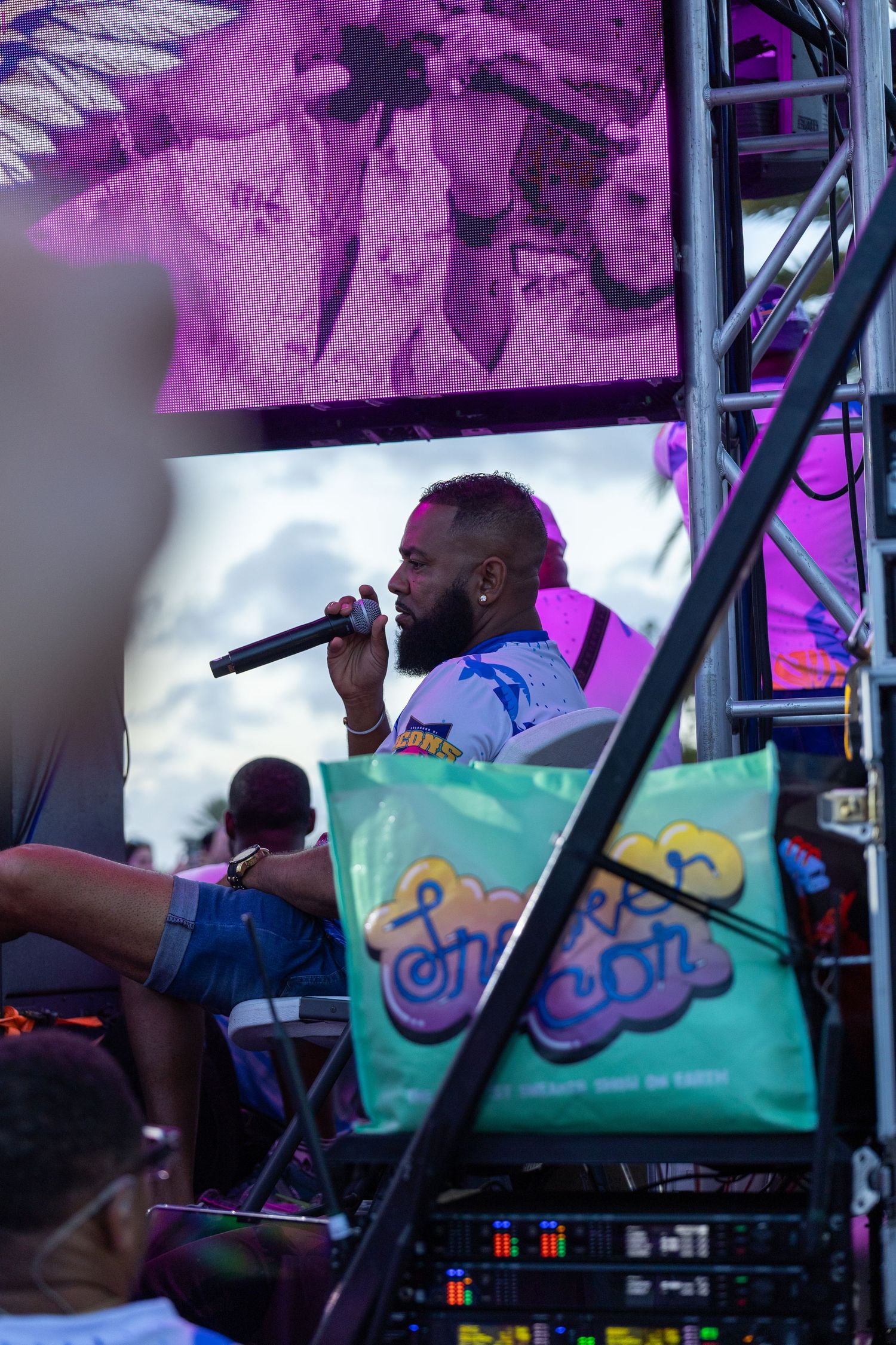 DJ equipment and colorful backdrop visible during outdoor festival performance.