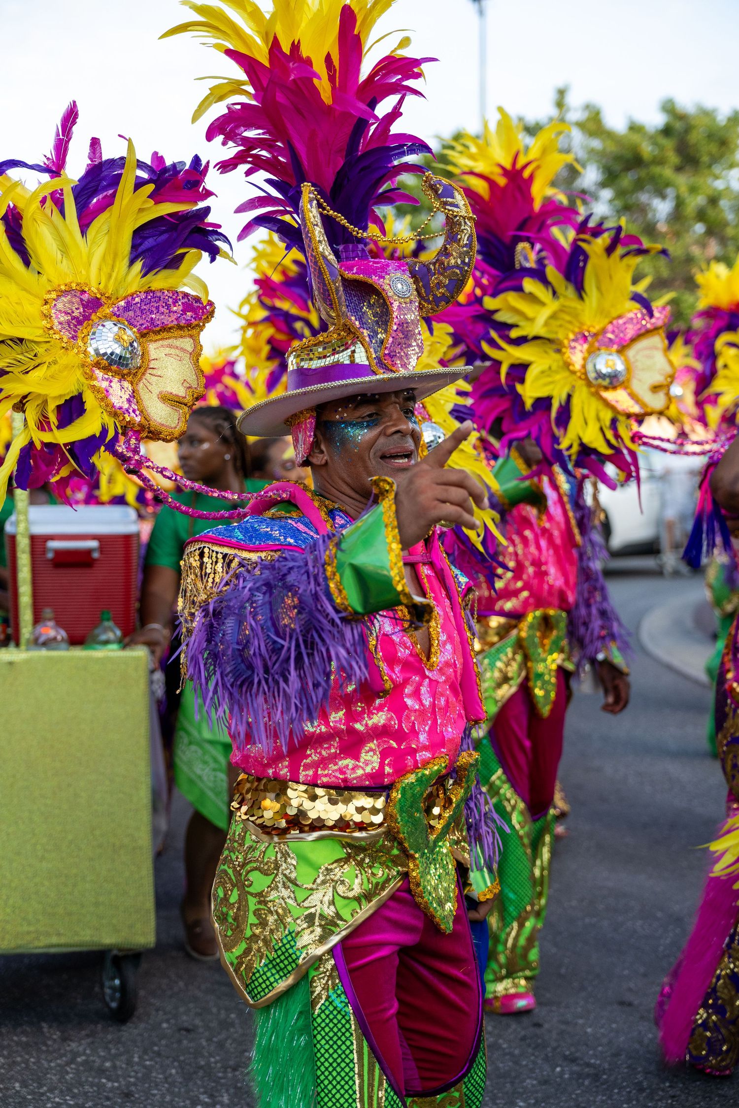 Carnival dancers in bright feathered headdresses and sequined outfits line up during a performance.
