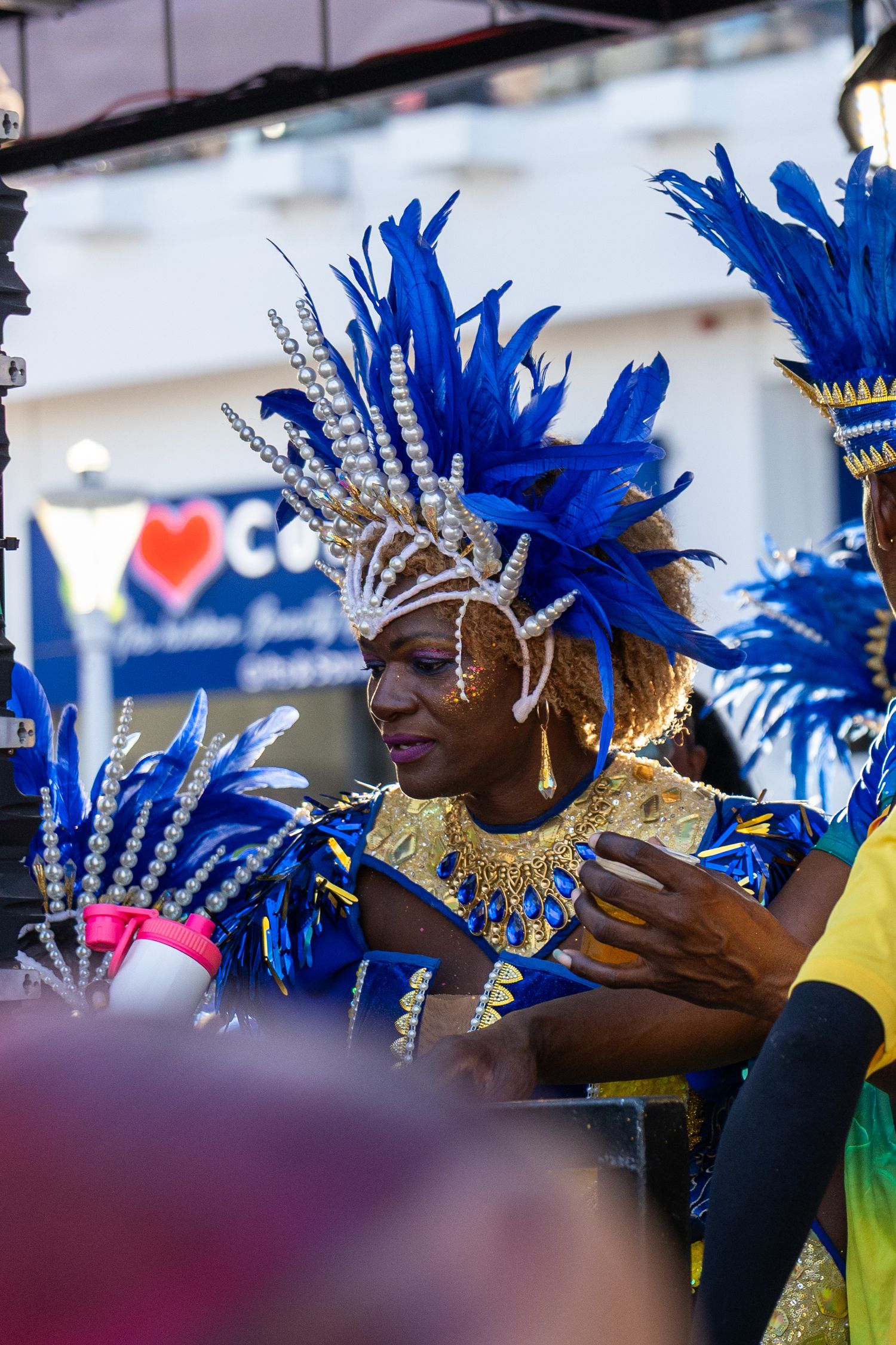 Performers wearing blue feathered headdresses and gold accessories dance in formation.