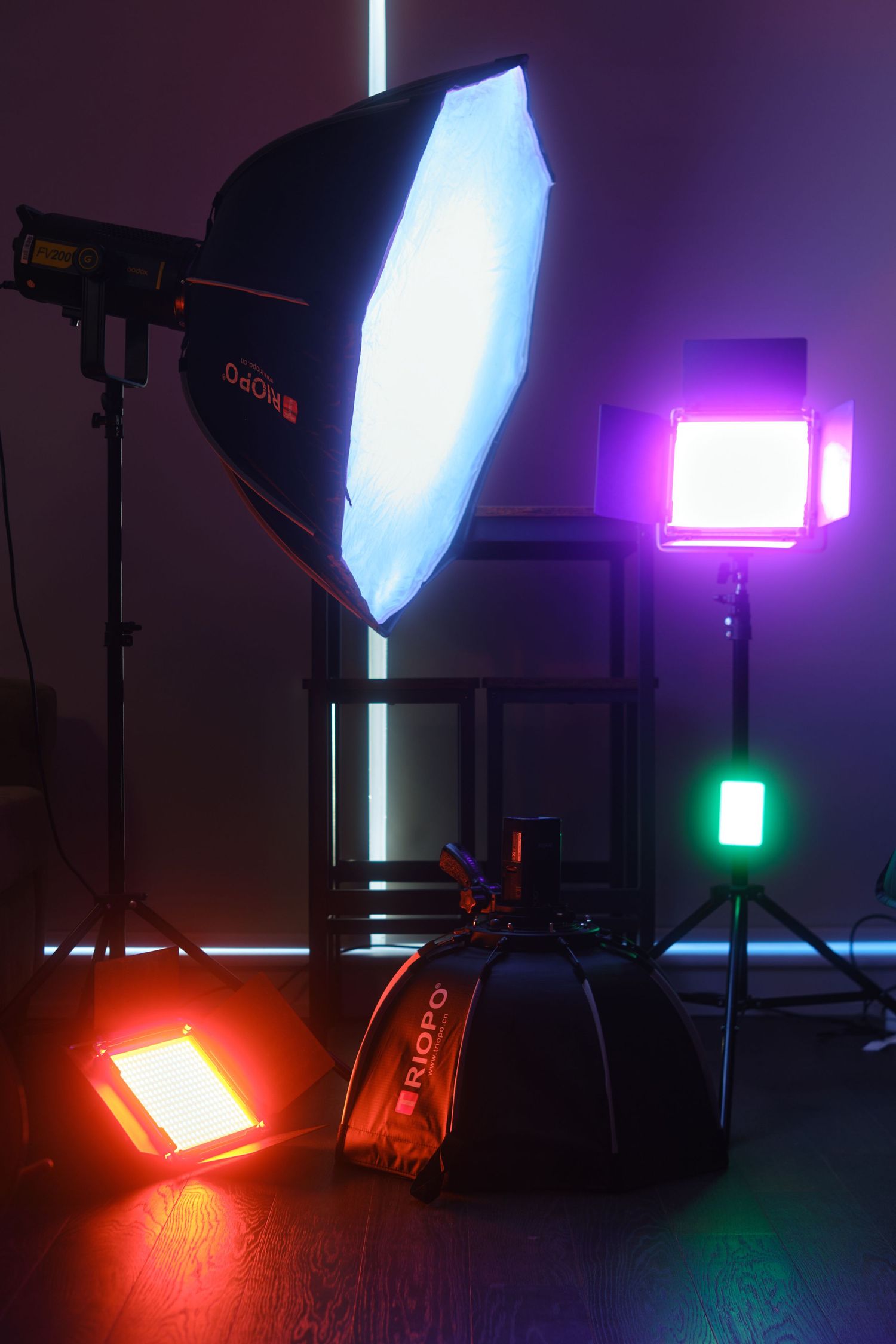 Colourful lighting gear for photography.