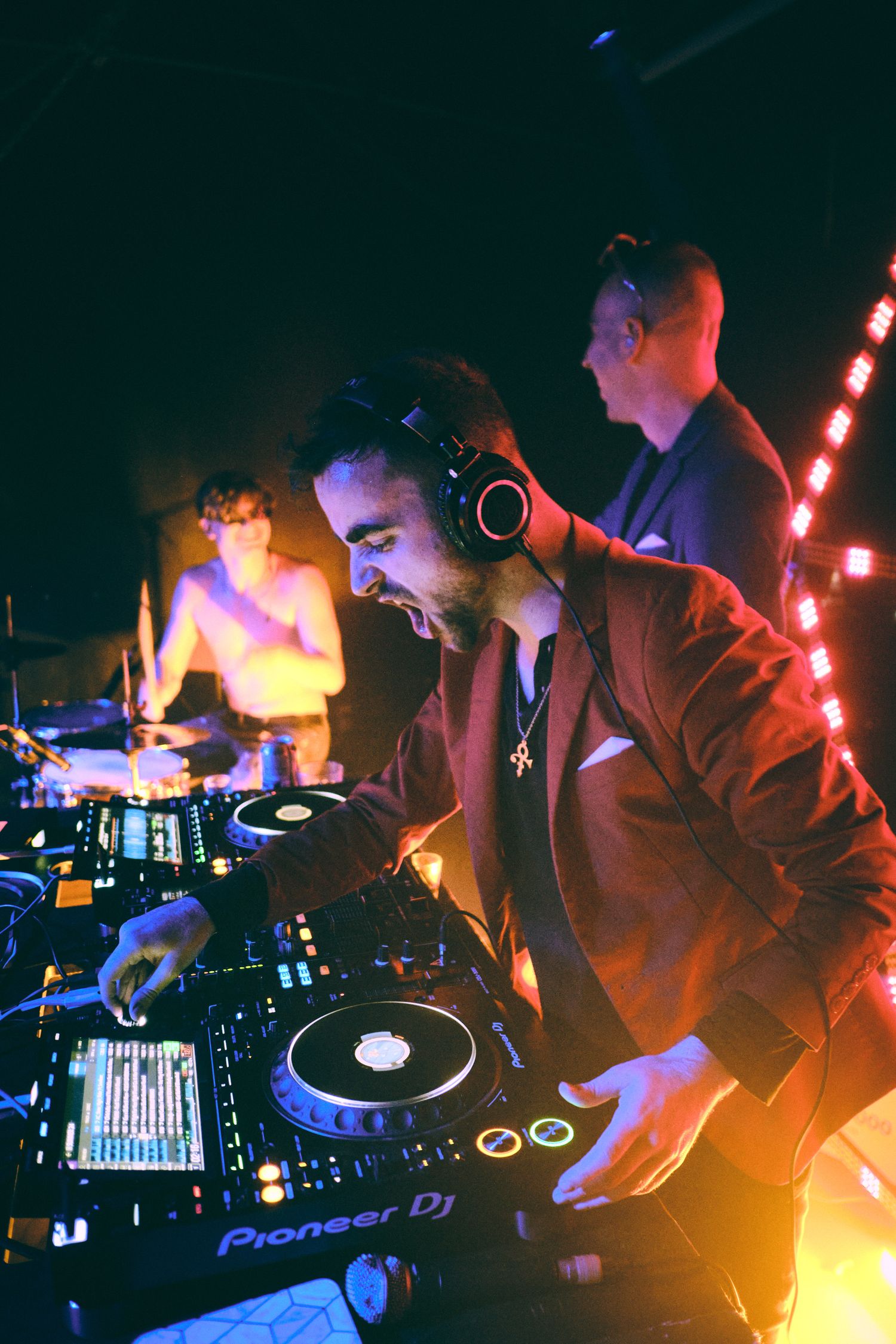 DJ excited with live drummer.
