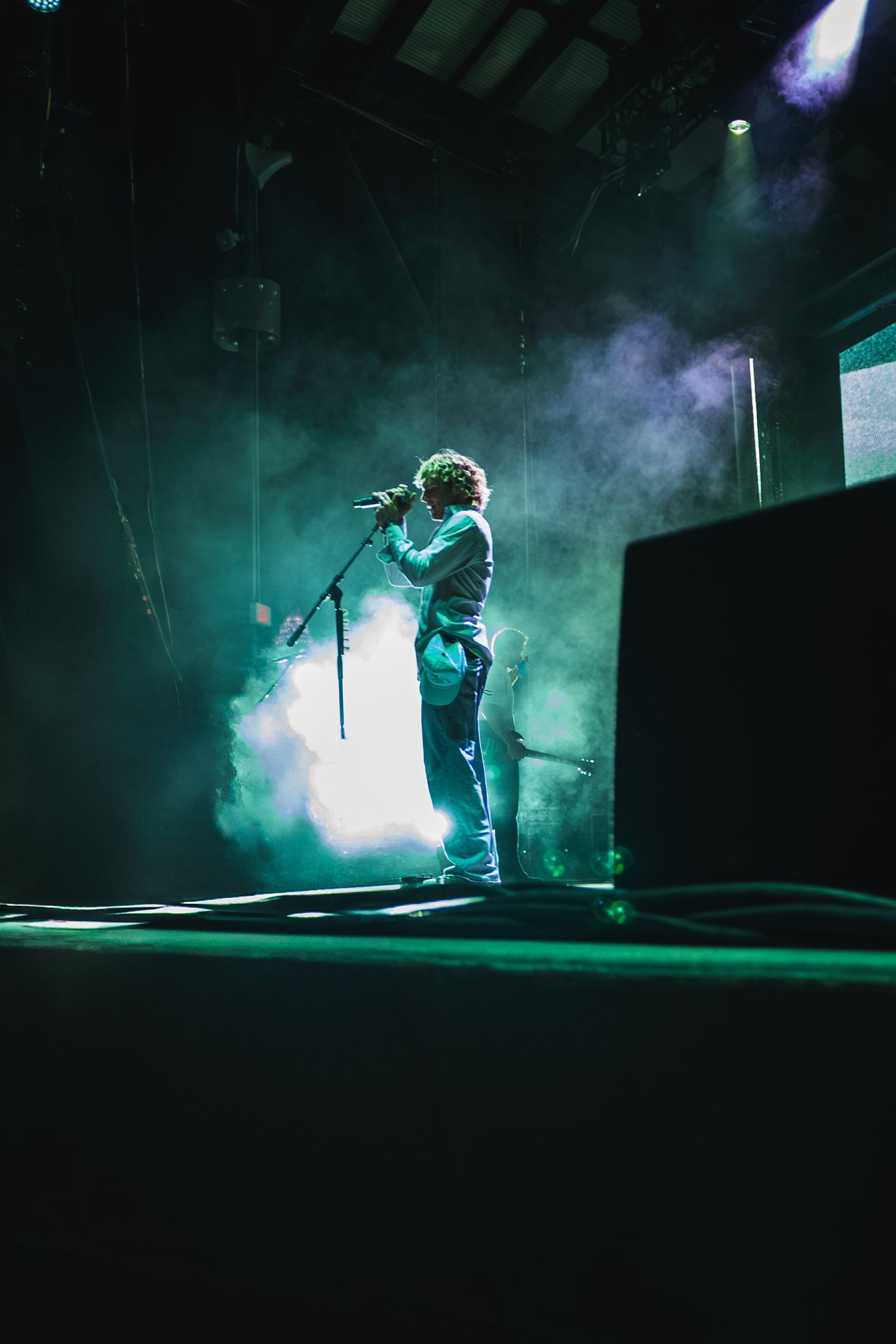 Silhouetted performer on stage surrounded by atmospheric green smoke during live show.