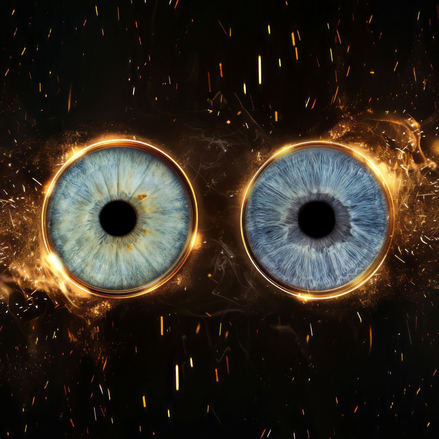 Two fiery eyes with blue irises surrounded by golden flames and sparks on a dark background.