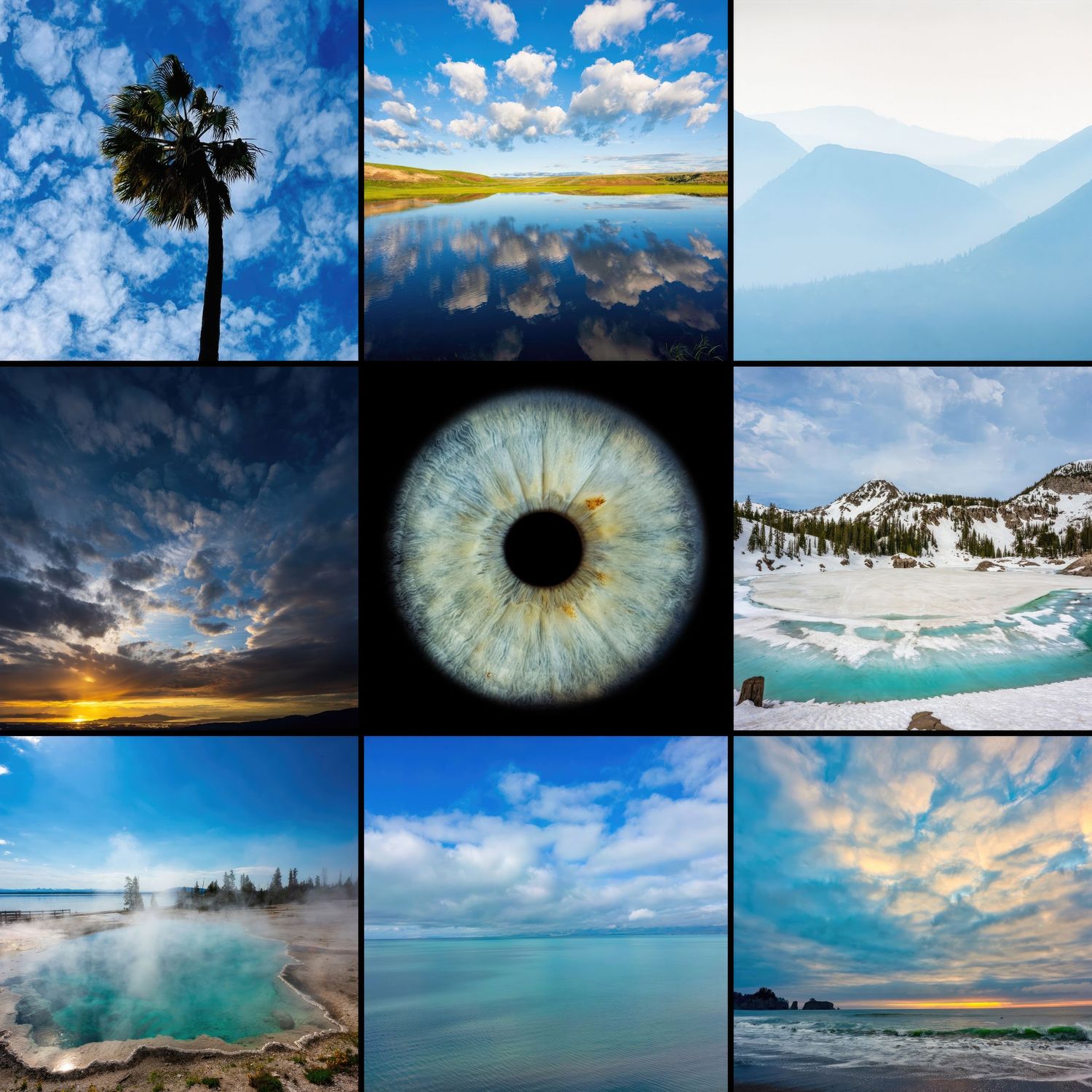 Photo collage of nine nature landscapes with a blue human eye in the center.