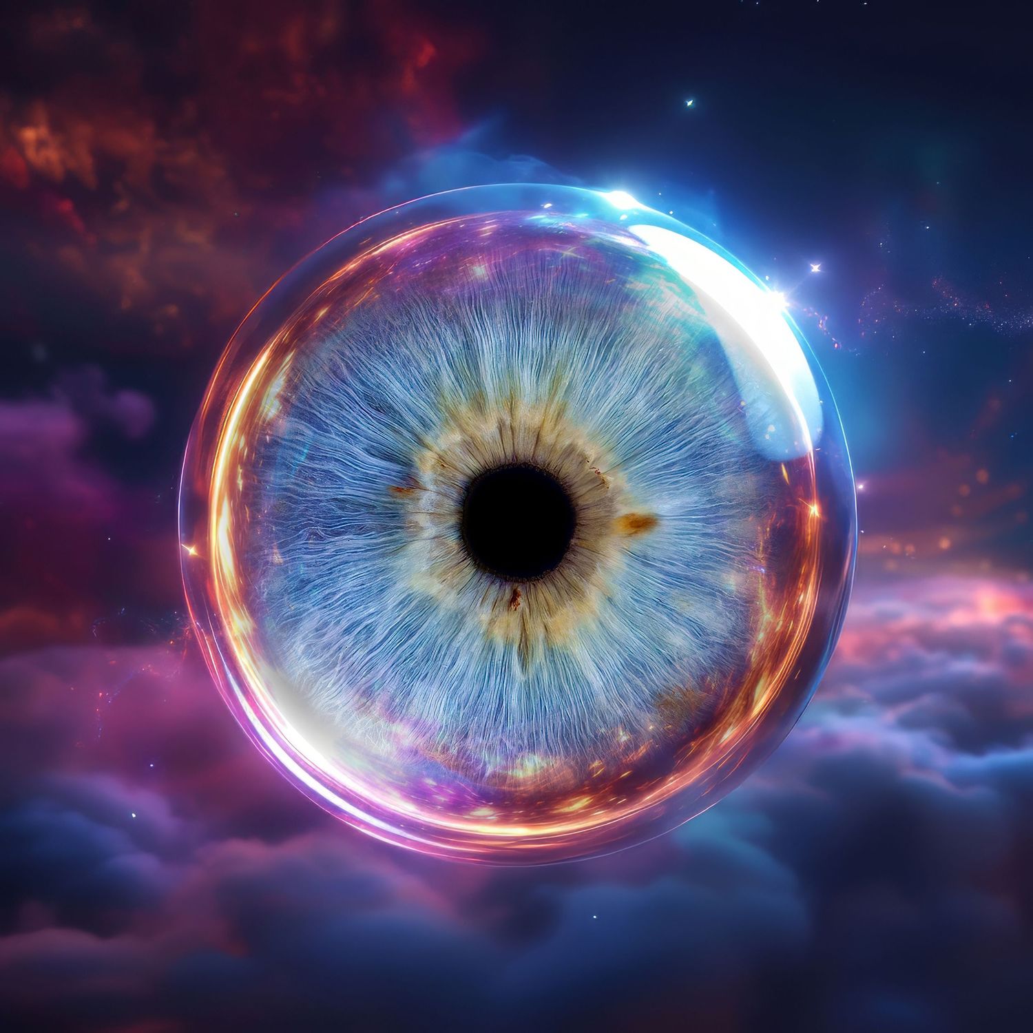 Cosmic eye illustration with glowing energy ring against a nebula background in blue and purple hues.
