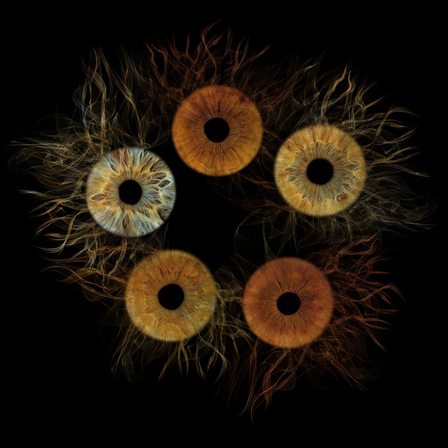 Five detailed human eye irises arranged in a circle pattern against a black background with neural fiber textures.