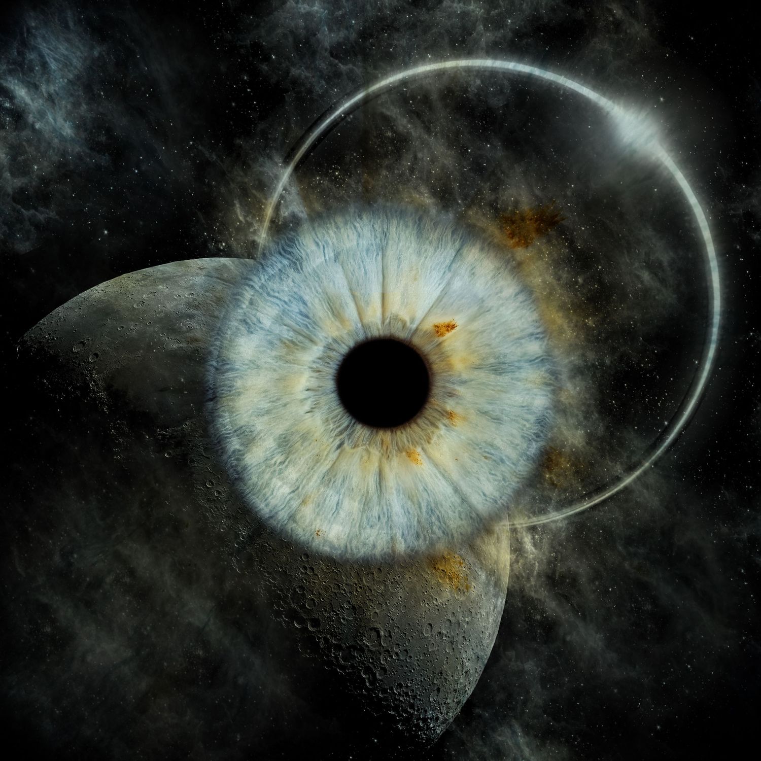 A surreal composite of a blue human eye merged with moon surface textures and a glowing circular ring on dark space.