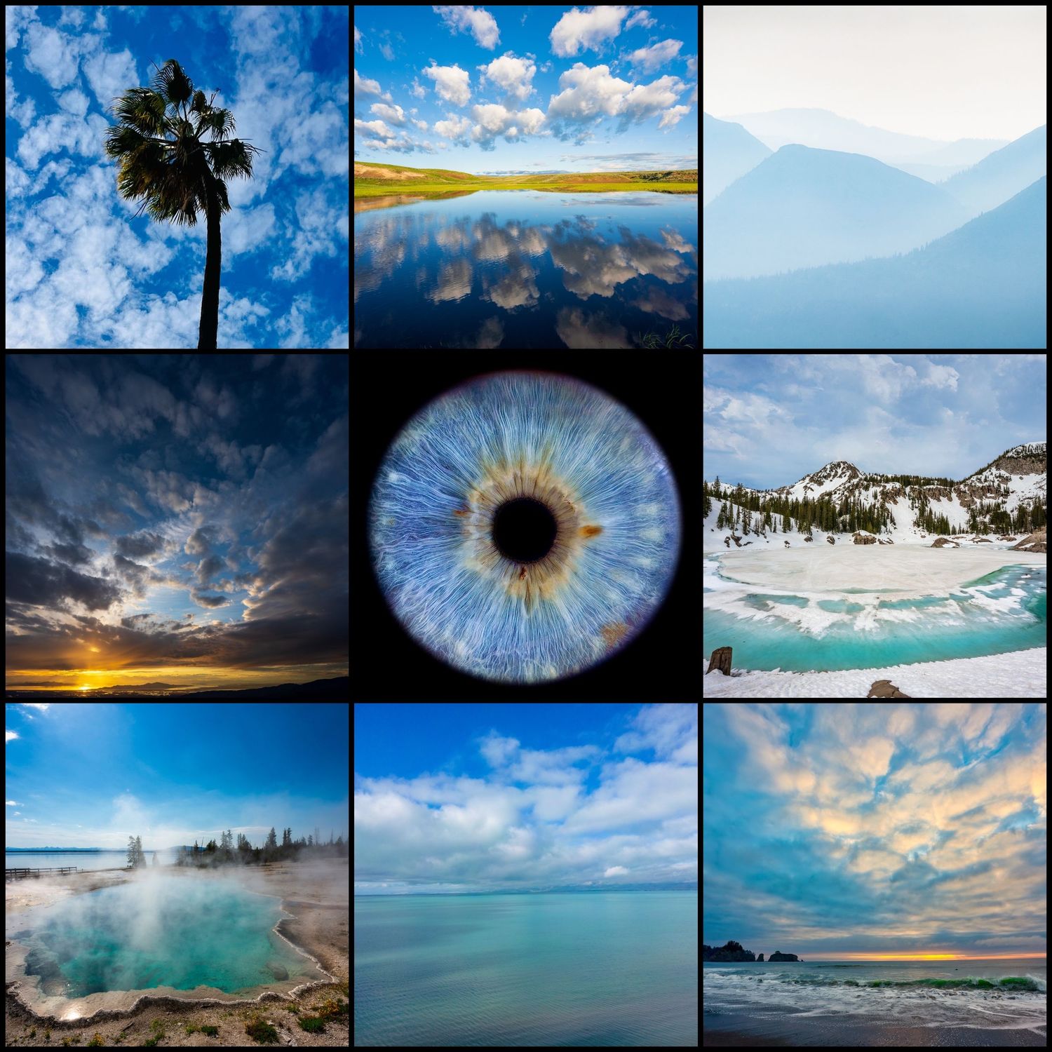 A collage of nine nature photos featuring blue skies, mountains, a lake, snowy peaks, a human eye, and geothermal pools.