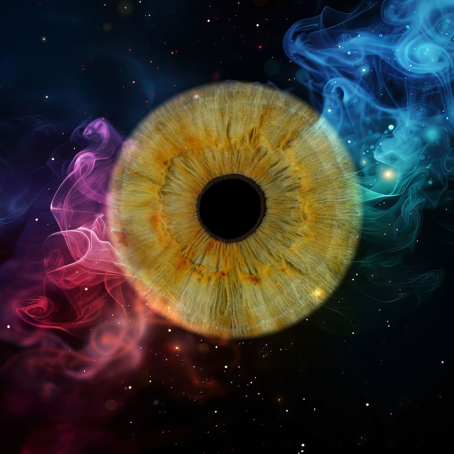 A cosmic eye iris design with colorful nebula-like smoke effects in space against a starry background.