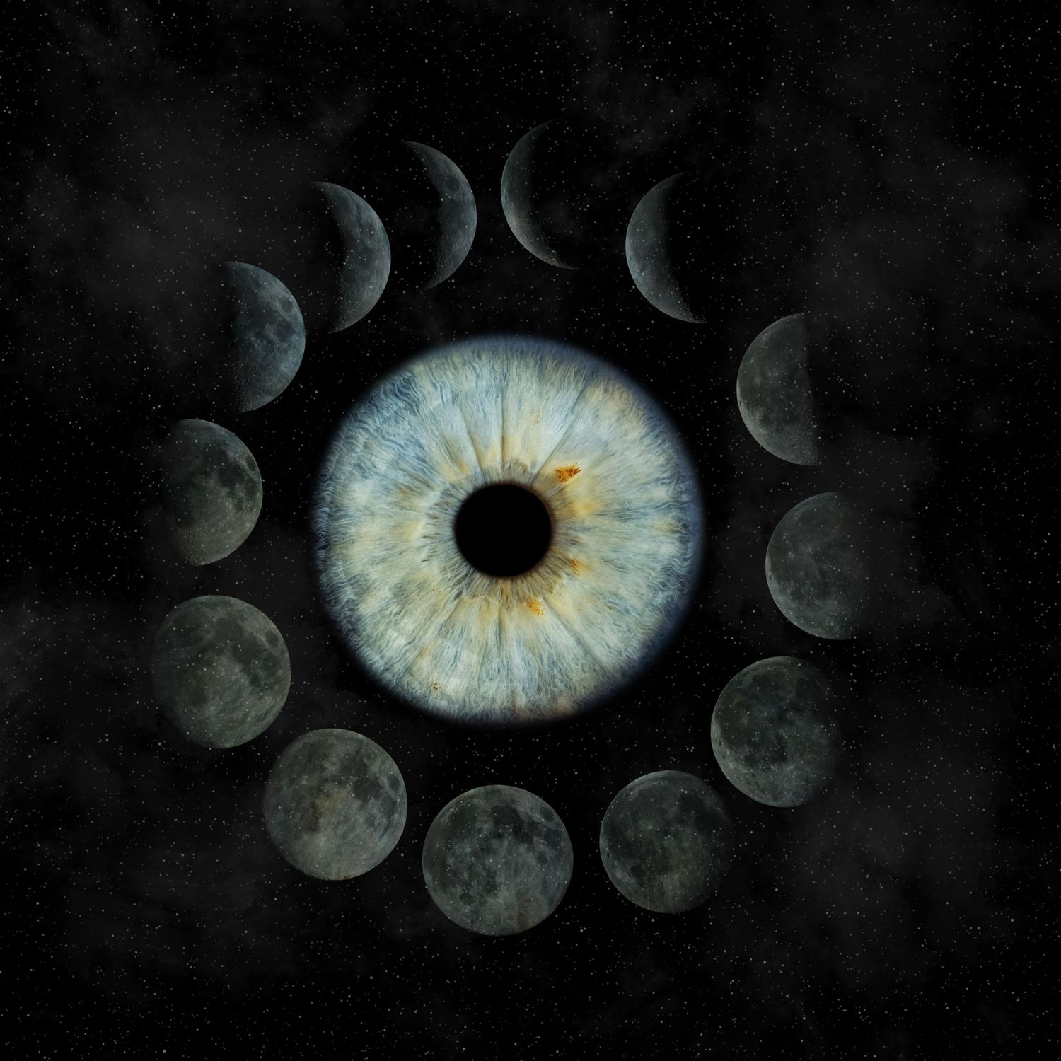 A blue human iris eye macro surrounded by moon phases on a dark background.