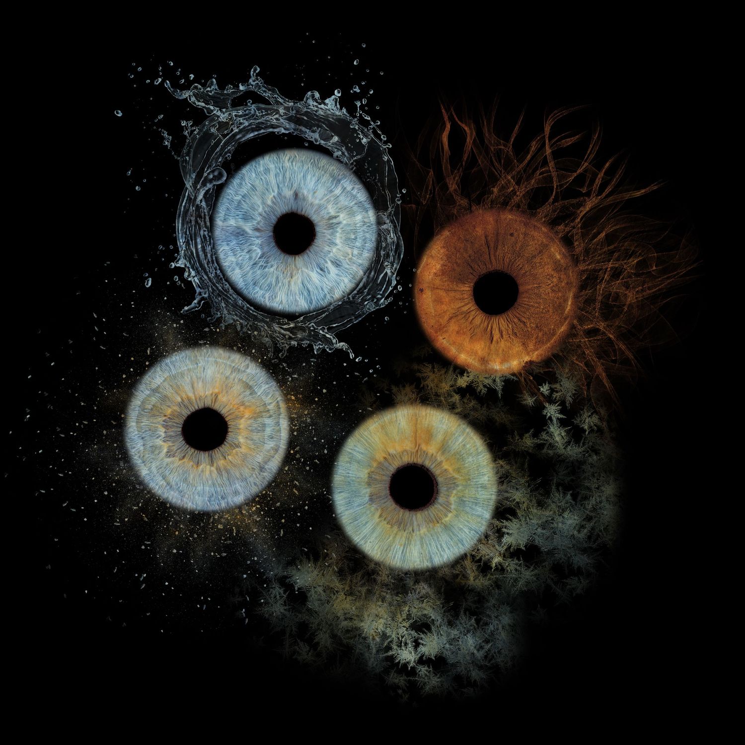Four artistic human irises with elemental themes: water, earth, fire, and cosmos, on a dark background.