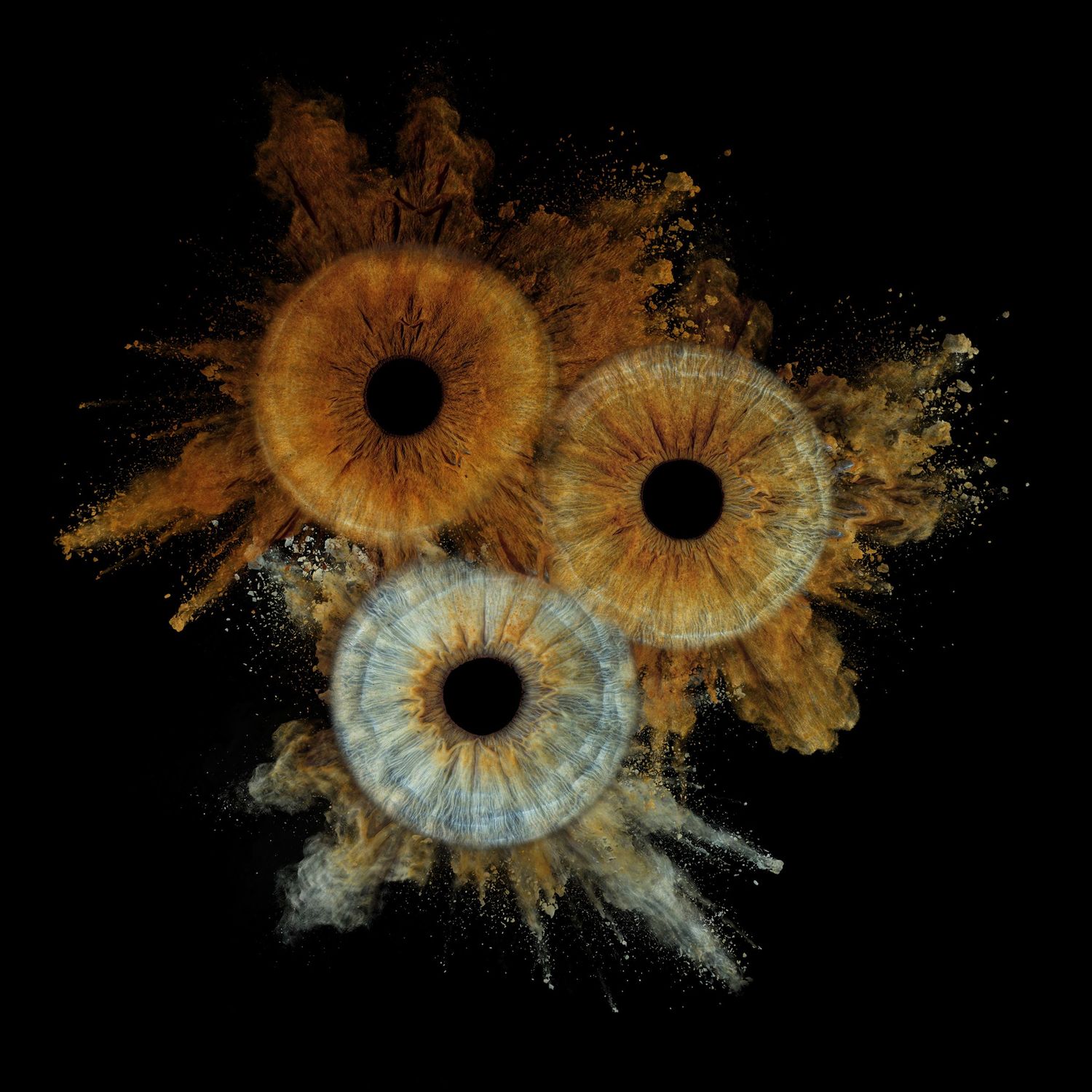 Three human irises with orange and blue hues burst with golden powder explosions on a black background.