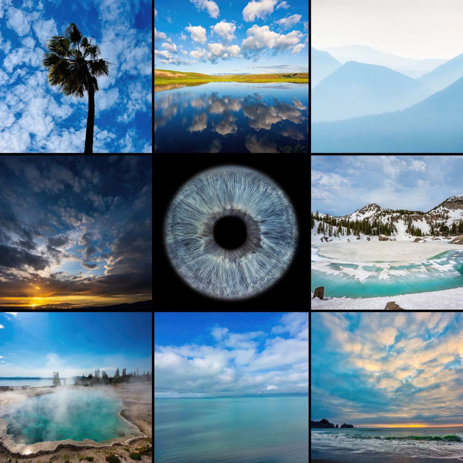 A collage of nine blue sky nature landscape photos surrounding a central close-up of a blue human iris.
