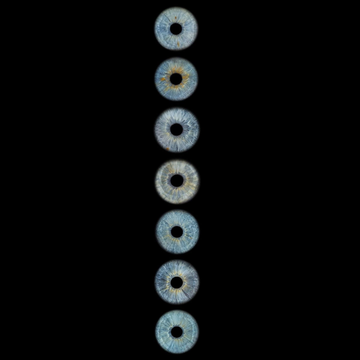 Seven blue human irises arranged vertically in a column against a black background, showcasing intricate eye detail.
