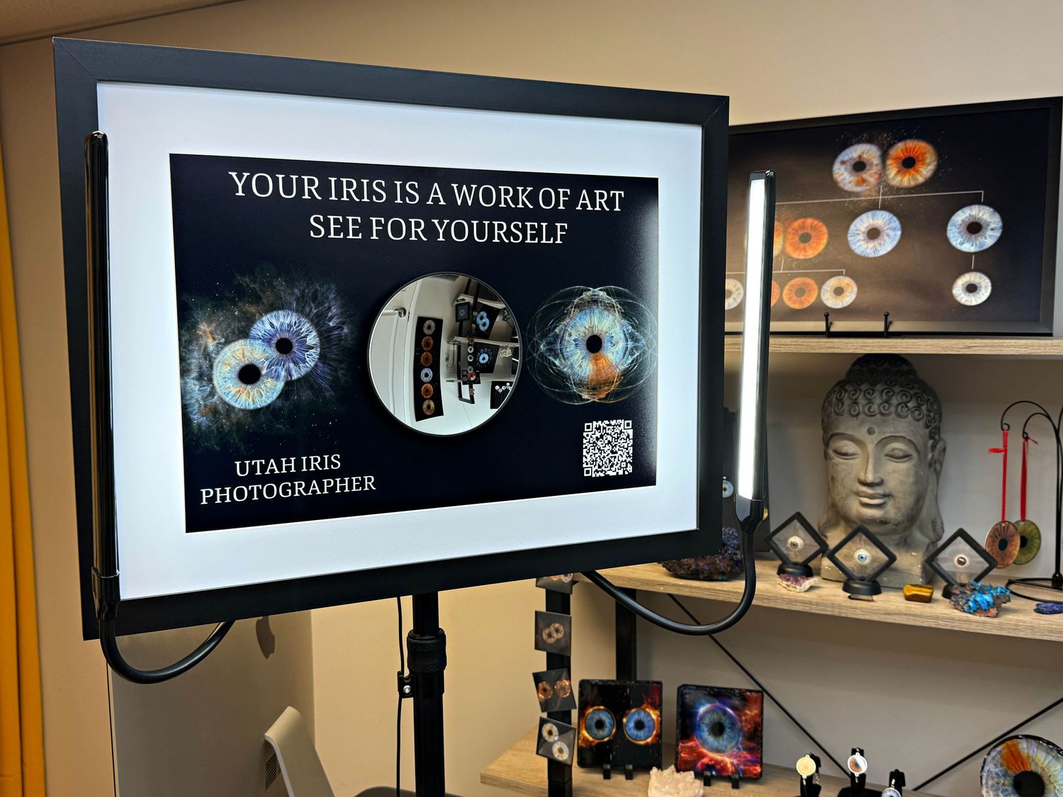 Retail display wall with digital screens showing promotional content and product displays in a modern store setting.