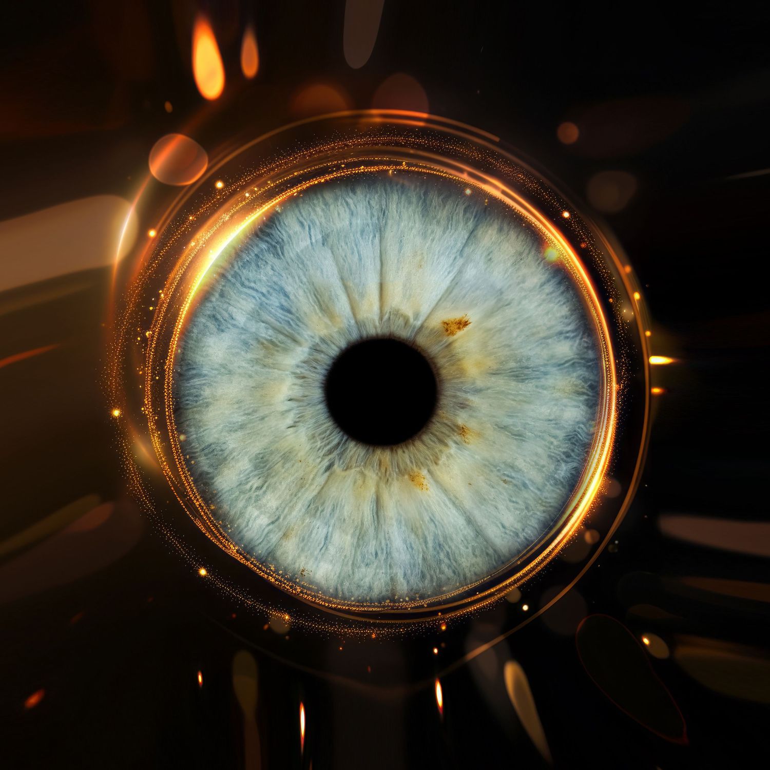 Dramatic macro photo of a blue human eye iris framed by glowing golden mechanical rings on dark background.