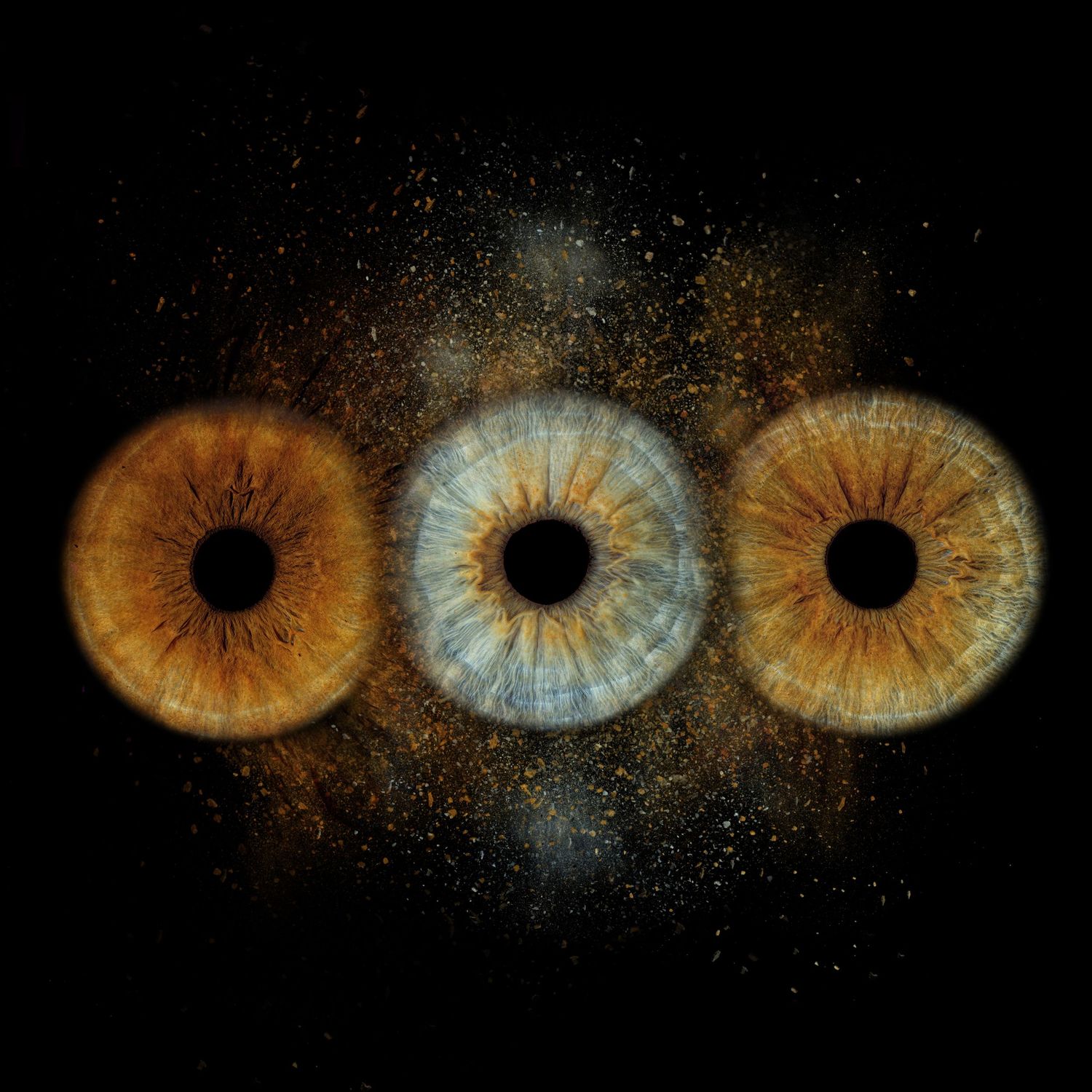 Three macro close-up human iris eyes in amber, blue, and hazel tones on black background with golden particle dust.