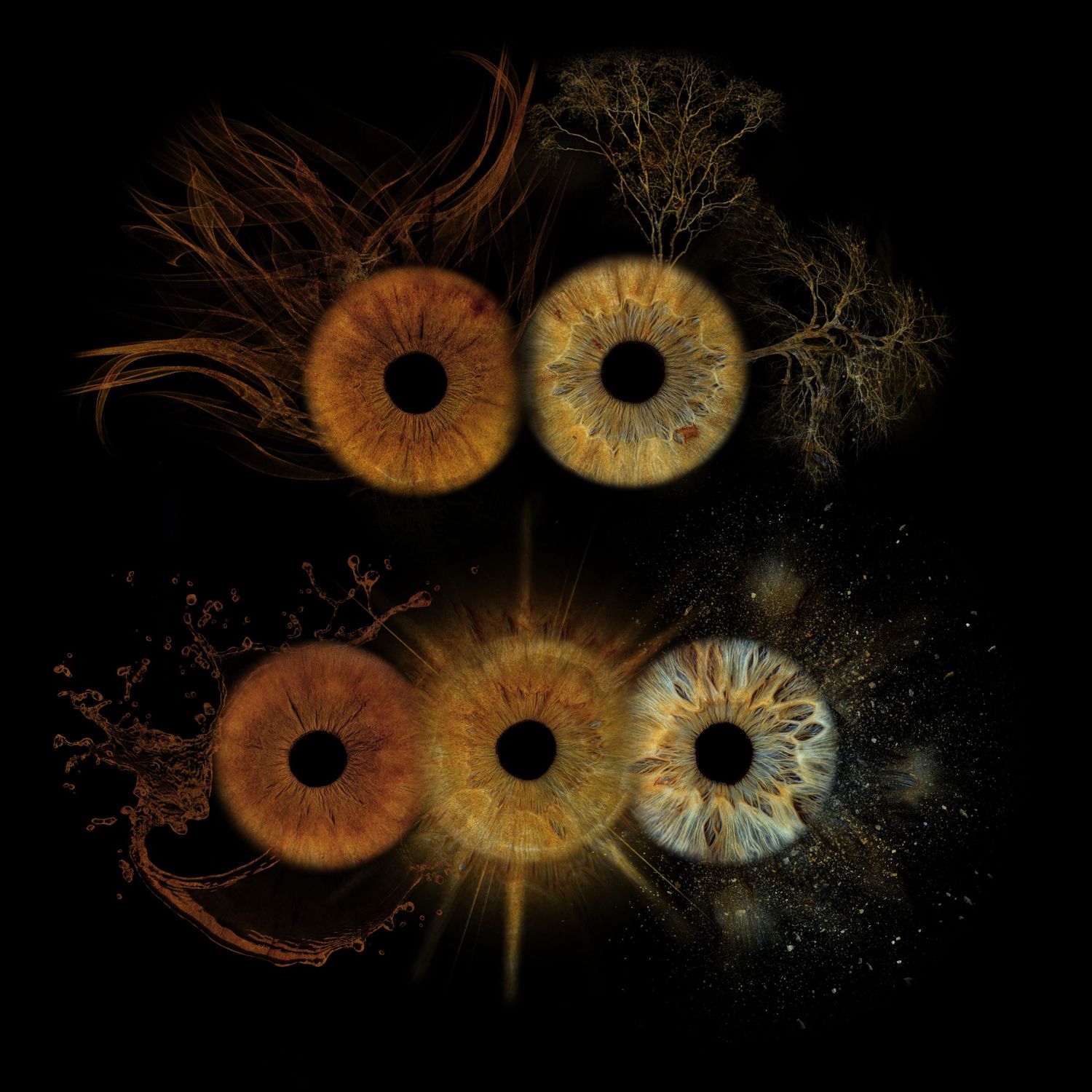 Six macro human eyes in amber and gold tones arranged symmetrically on black background with organic neural patterns.