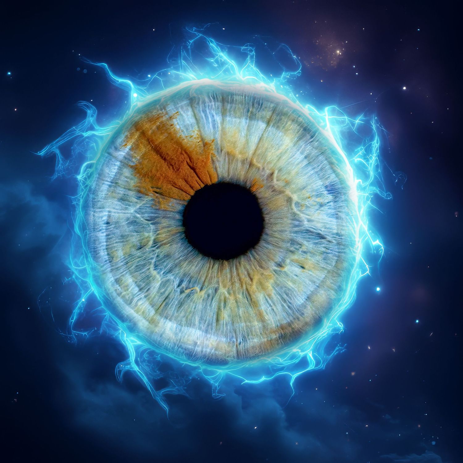 Glowing blue lightning surrounds a hazel iris and dark pupil in a surreal cosmic space setting.