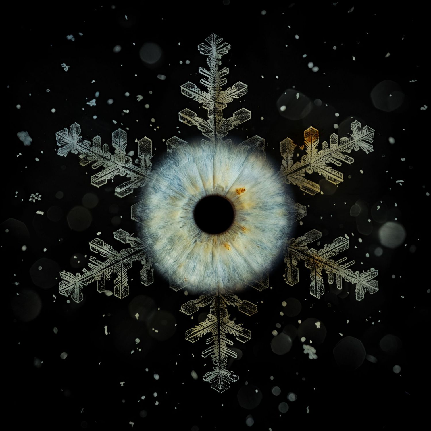A blue human iris eye macro centered within a golden snowflake on a dark winter background.