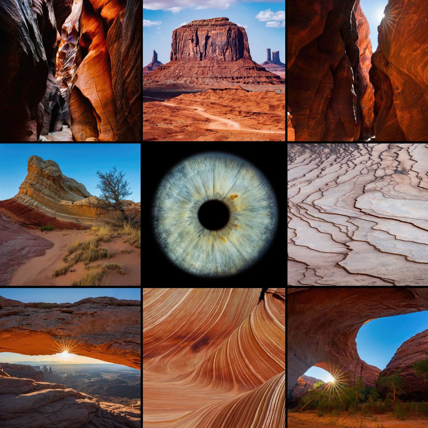Photo collage of nine red rock canyon landscapes with a blue human eye in the center.