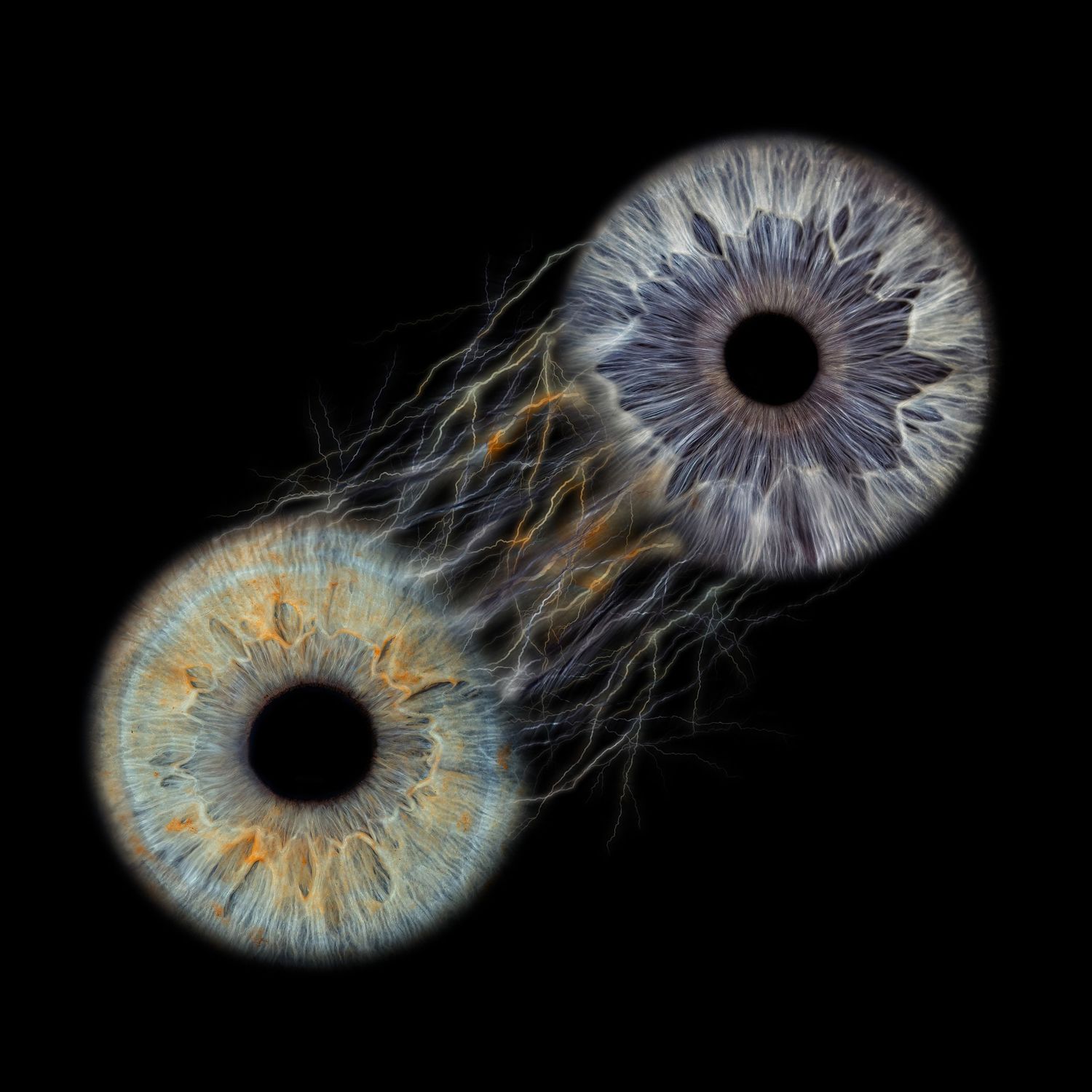 Two detailed human irises with blue and amber hues connected by neural-like fibers on a black background.