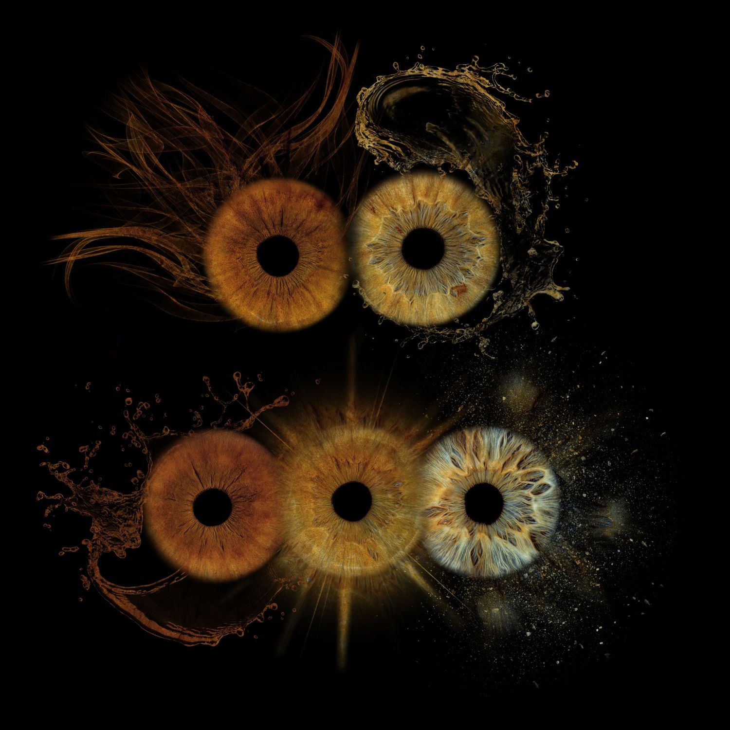 Six detailed human irises in warm amber and blue tones arranged in pairs against a black background with artistic splashes.