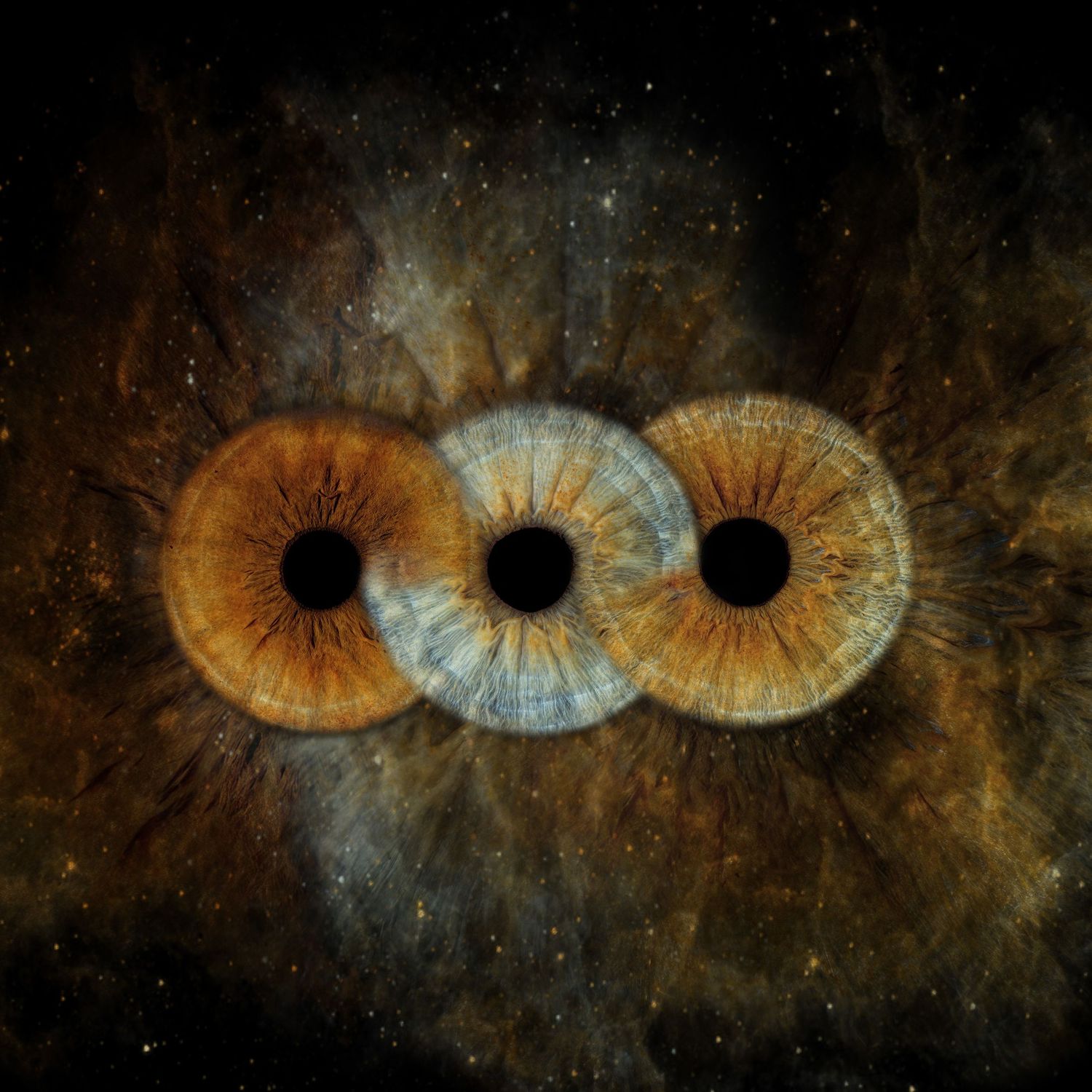 Three overlapping cosmic eyes with amber and blue irises set against a dark starry nebula background.
