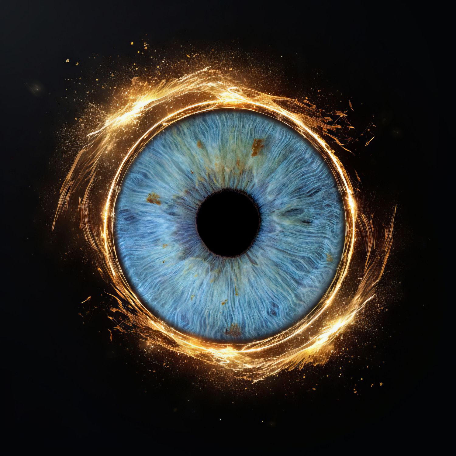 Close-up of a vivid blue iris surrounded by glowing golden fire effects on black background, resembling a cosmic eye.