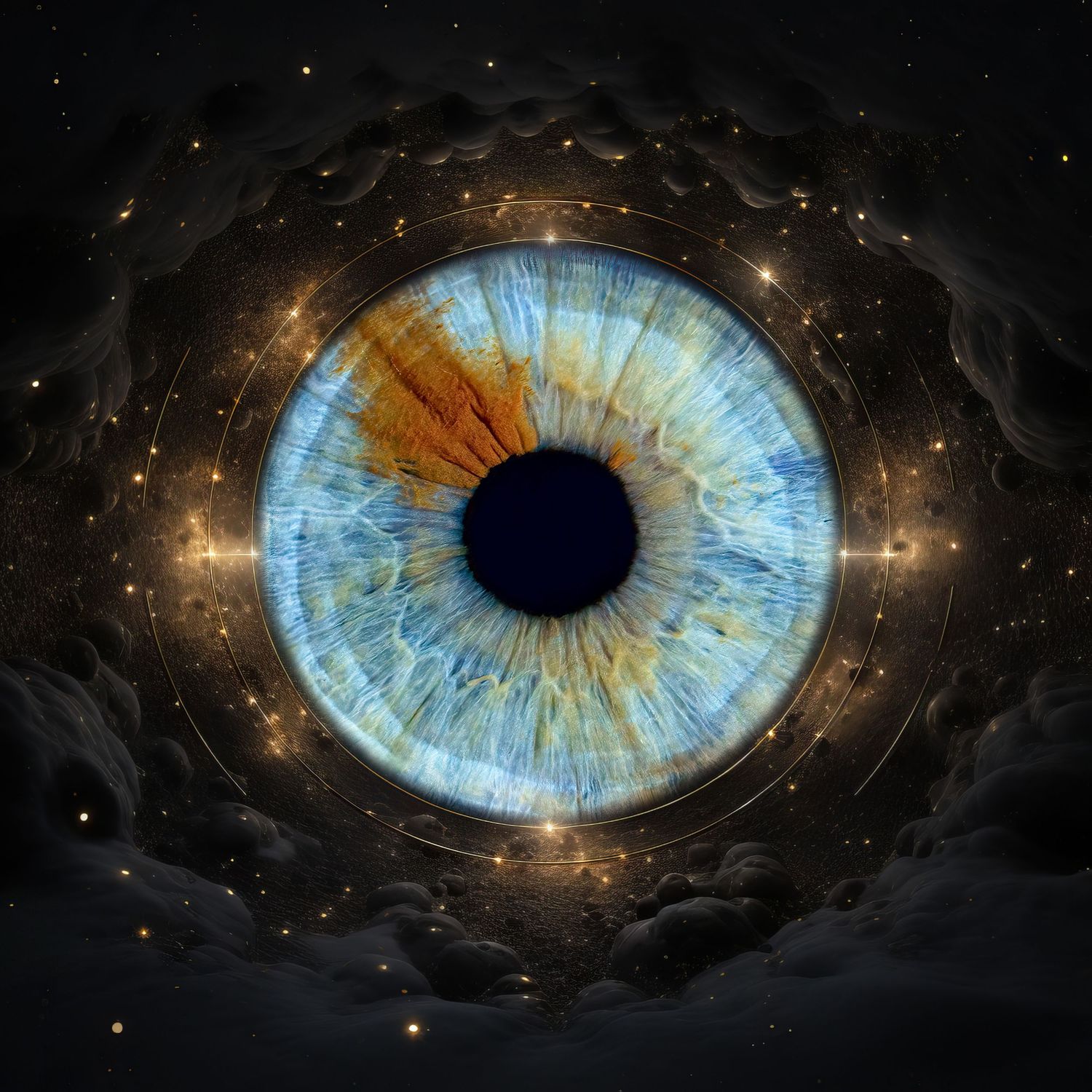 A surreal cosmic eye with a bright blue iris surrounded by golden light and dark clouds in a space-like setting.