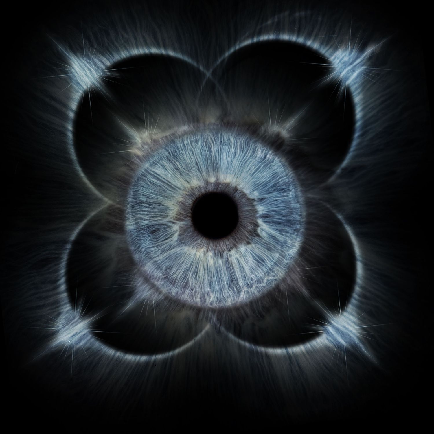 Blue human iris with radiating light forming a four-petal flower pattern on dark background.